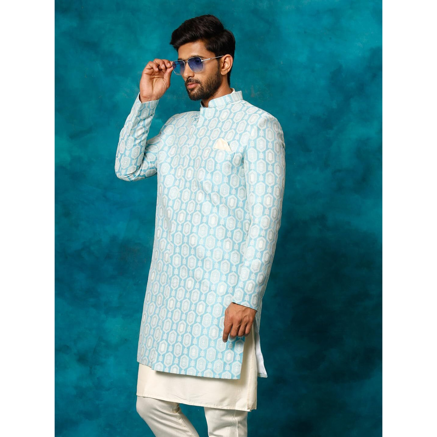 VASTRAMAY Men's Blue Silk Blend Sherwani Only Top_VASMIW252BU_38