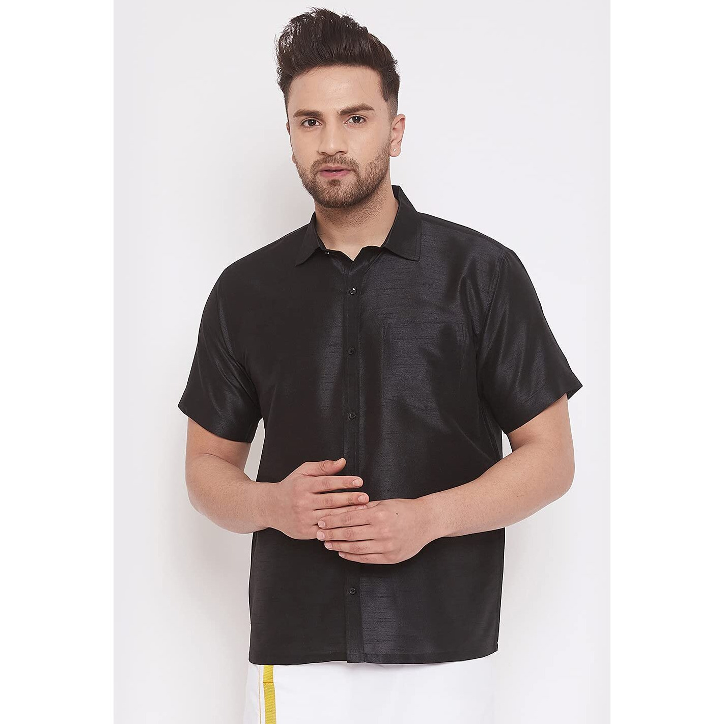 VASTRAMAY Mens Cotton Silk Ethnic Shirt (Black_VASMSHBL001_44)