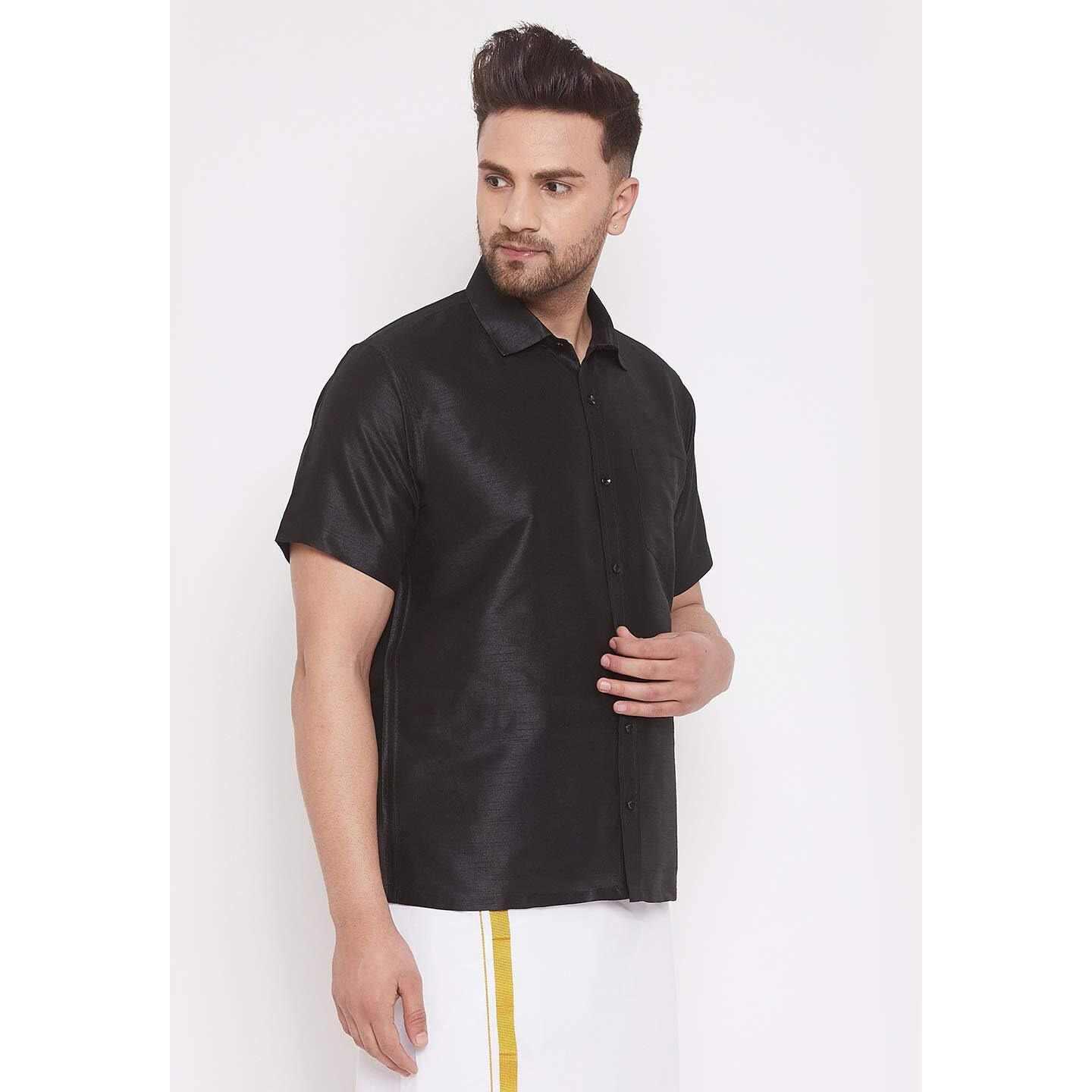 VASTRAMAY Mens Cotton Silk Ethnic Shirt (Black_VASMSHBL001_44)