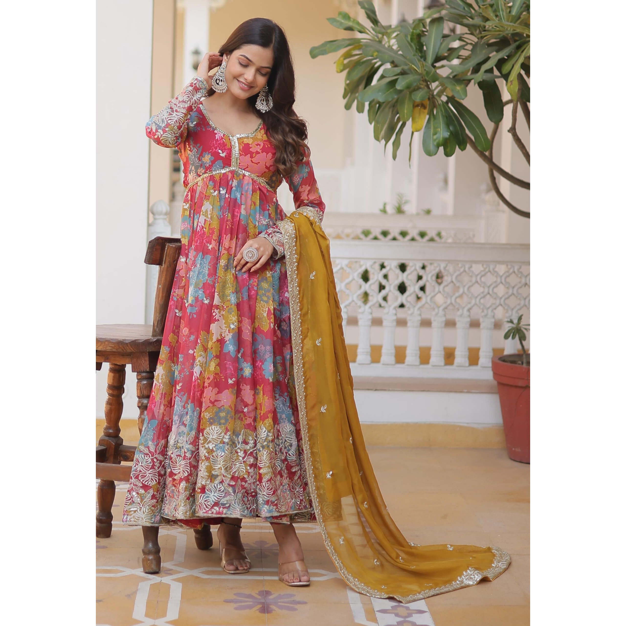 Wedani Floral Print Anarkali Kurta Set with Dupatta For women (IN, Alpha, L, Regular, PINK)