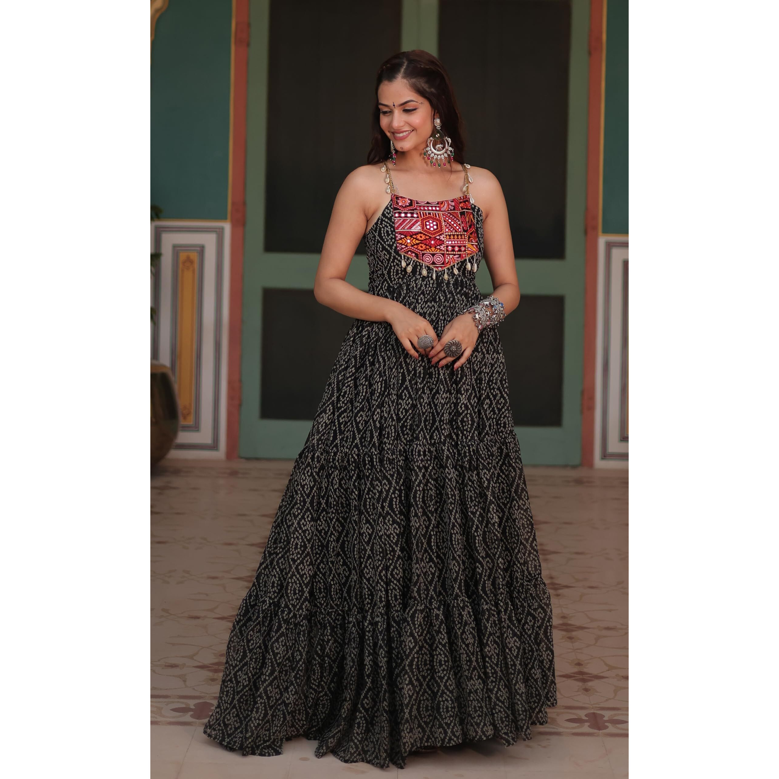 Wedani Faux Georgette Anarkali Kurta Set for Women (in, Alpha, L, Regular, Black)