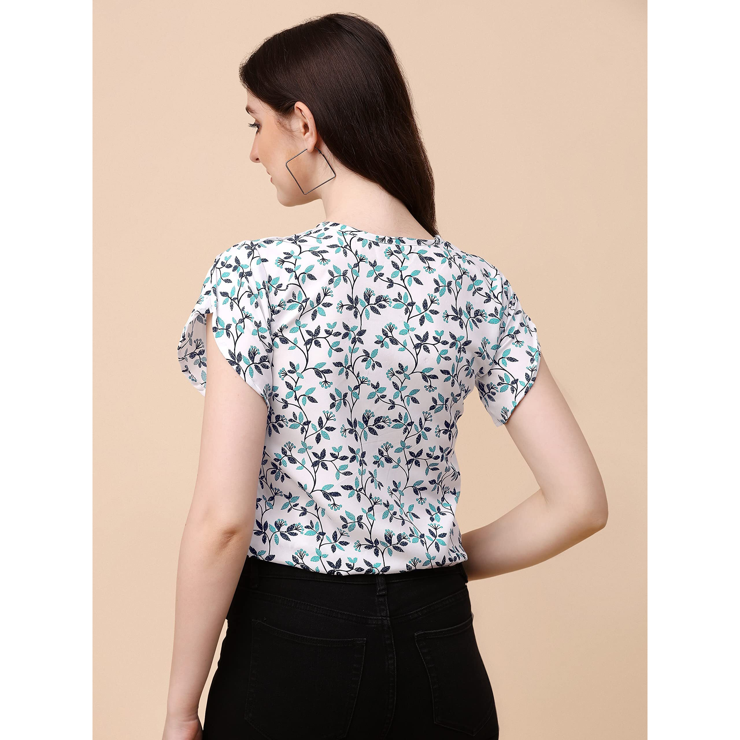 Wedani Women's Casual Short Sleeves Round Neck Foral Regular Fit Top (Small, White-2)