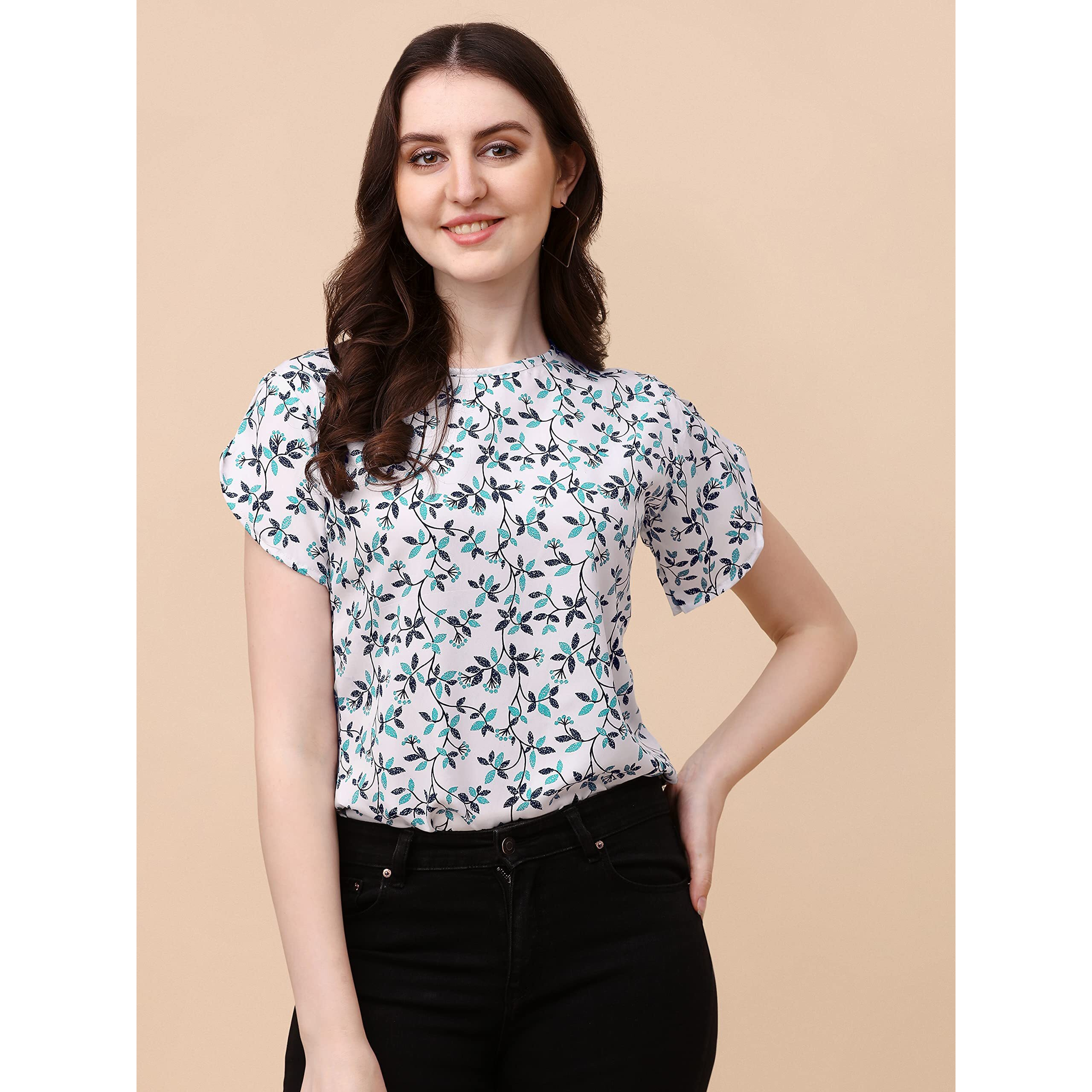 Wedani Women's Casual Short Sleeves Round Neck Foral Regular Fit Top (Small, White-2)
