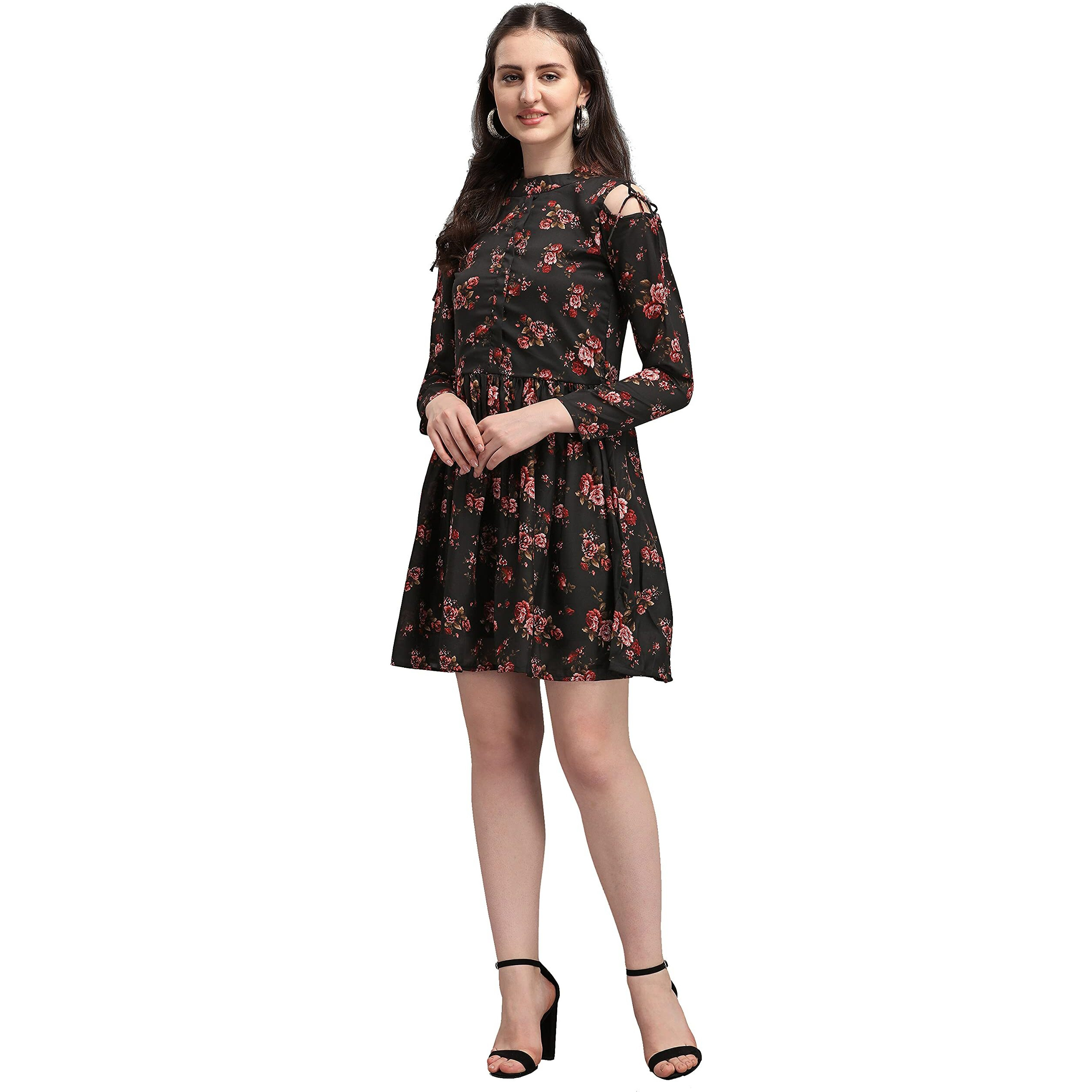 Wedani Women's Floral Fit & Flared Dress (X-Large, Black-5)
