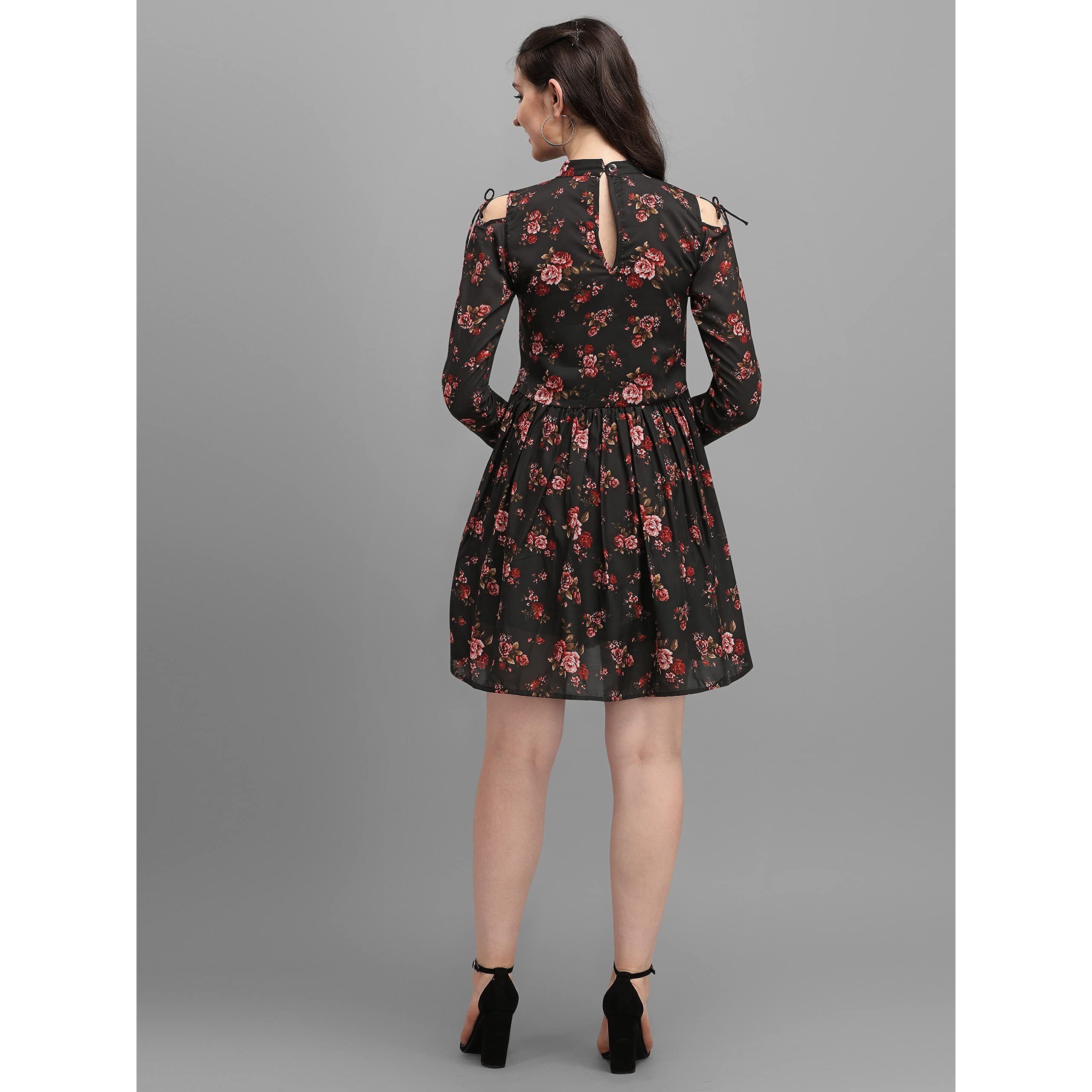 Wedani Women's Floral Fit & Flared Dress (X-Large, Black-5)