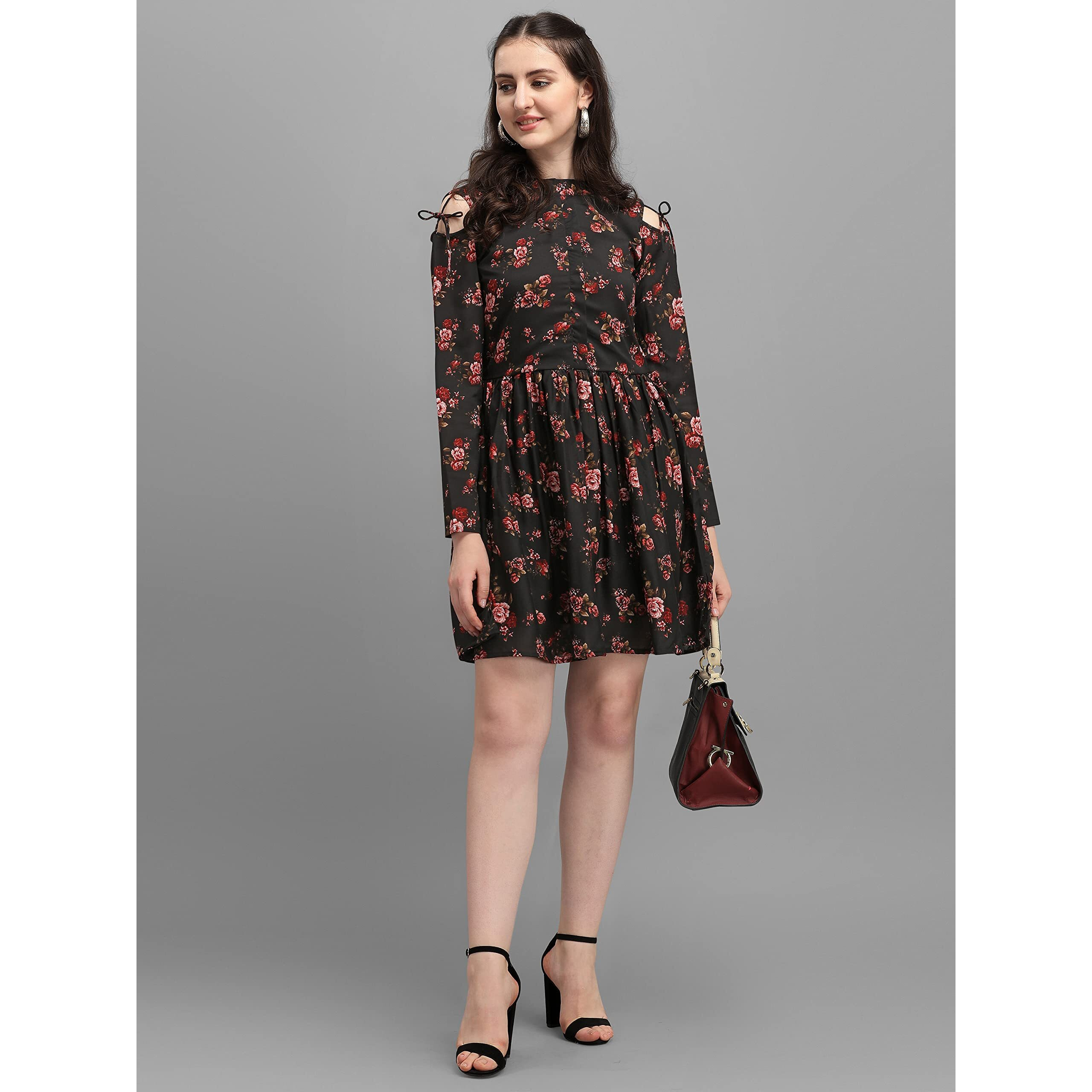 Wedani Women's Floral Fit & Flared Dress (X-Large, Black-5)