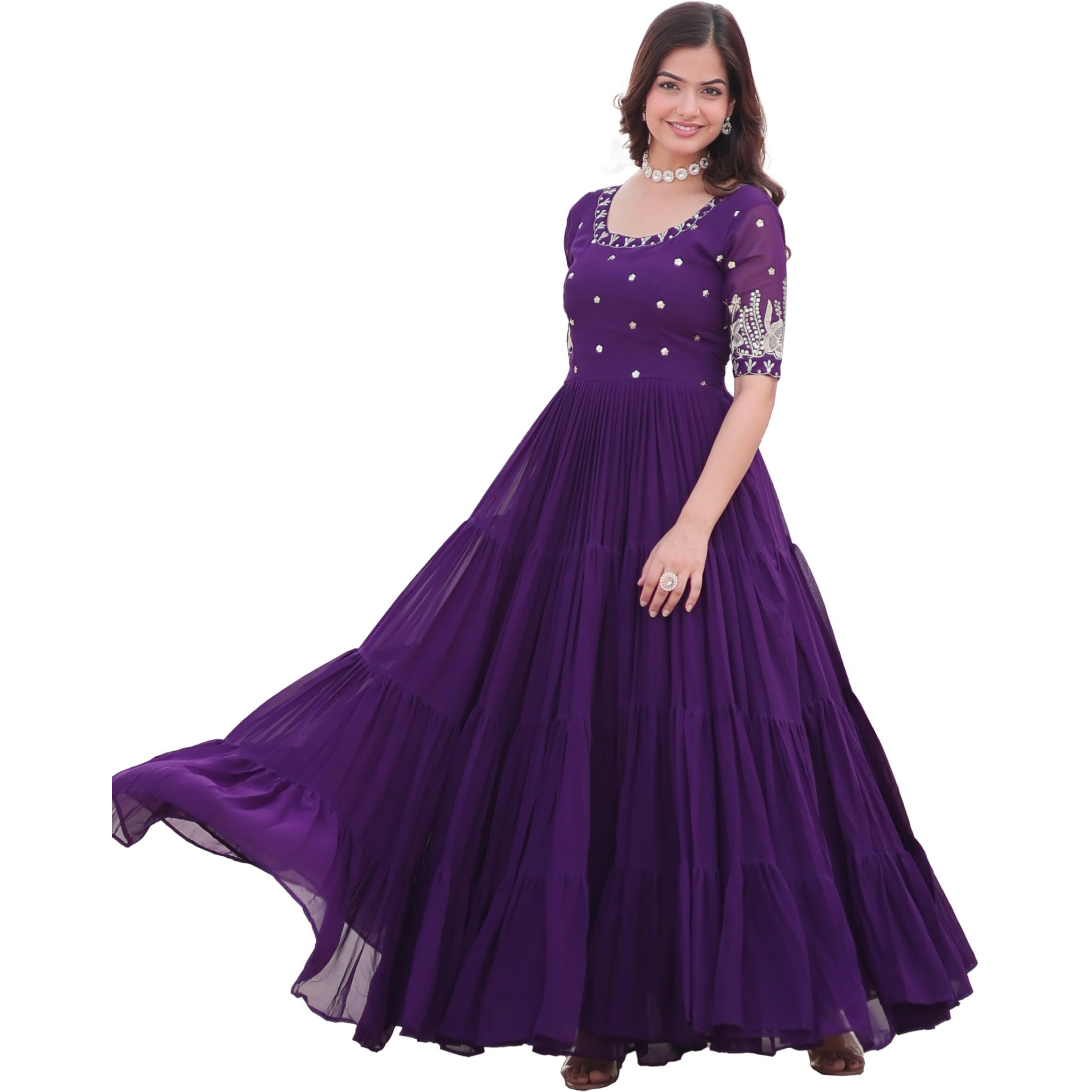 Wedani Georgette Embroidery Zari Sequins-Work Anarkali Kurta Set for Women (in, Alpha, L, Regular, Purple)