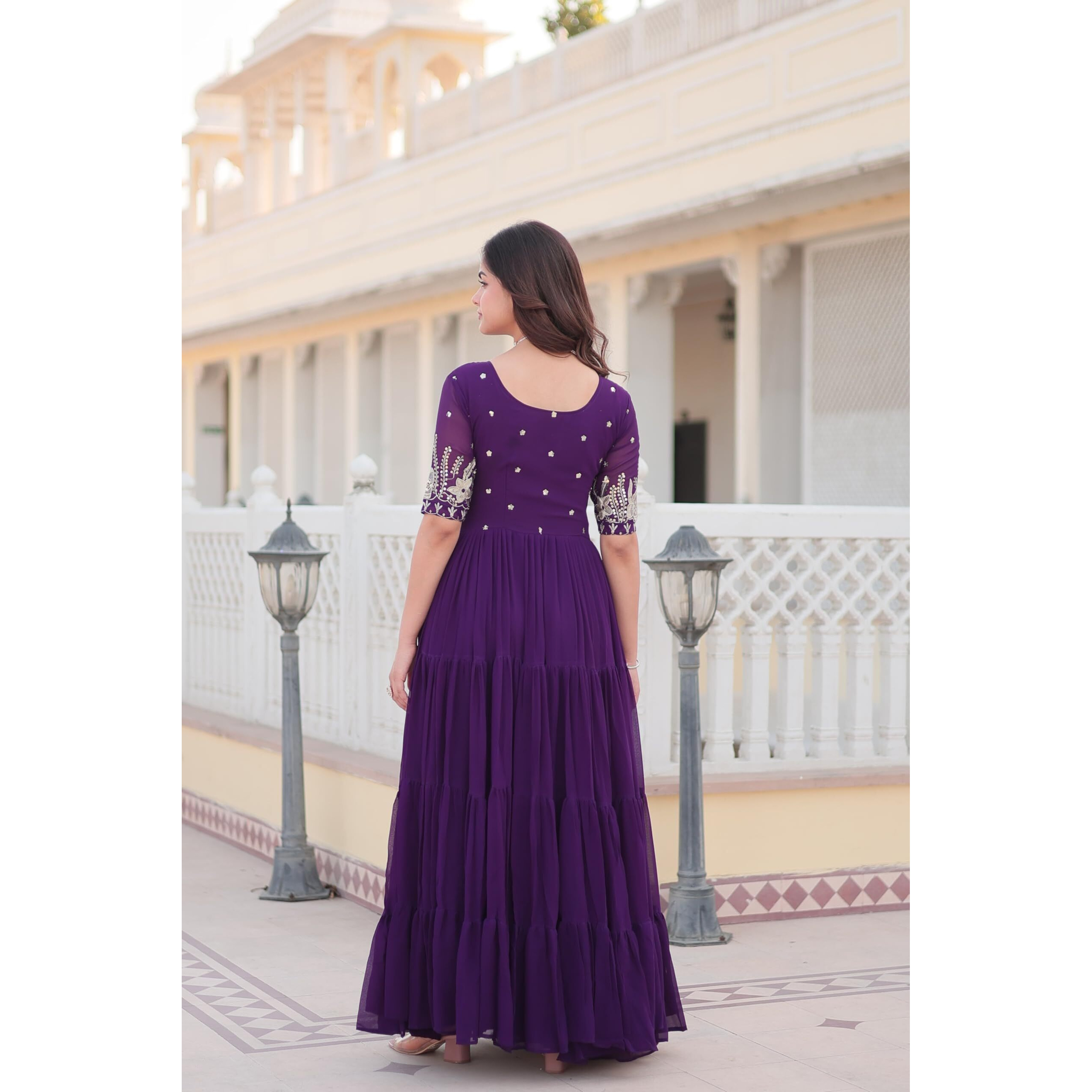 Wedani Georgette Embroidery Zari Sequins-Work Anarkali Kurta Set for Women (in, Alpha, L, Regular, Purple)