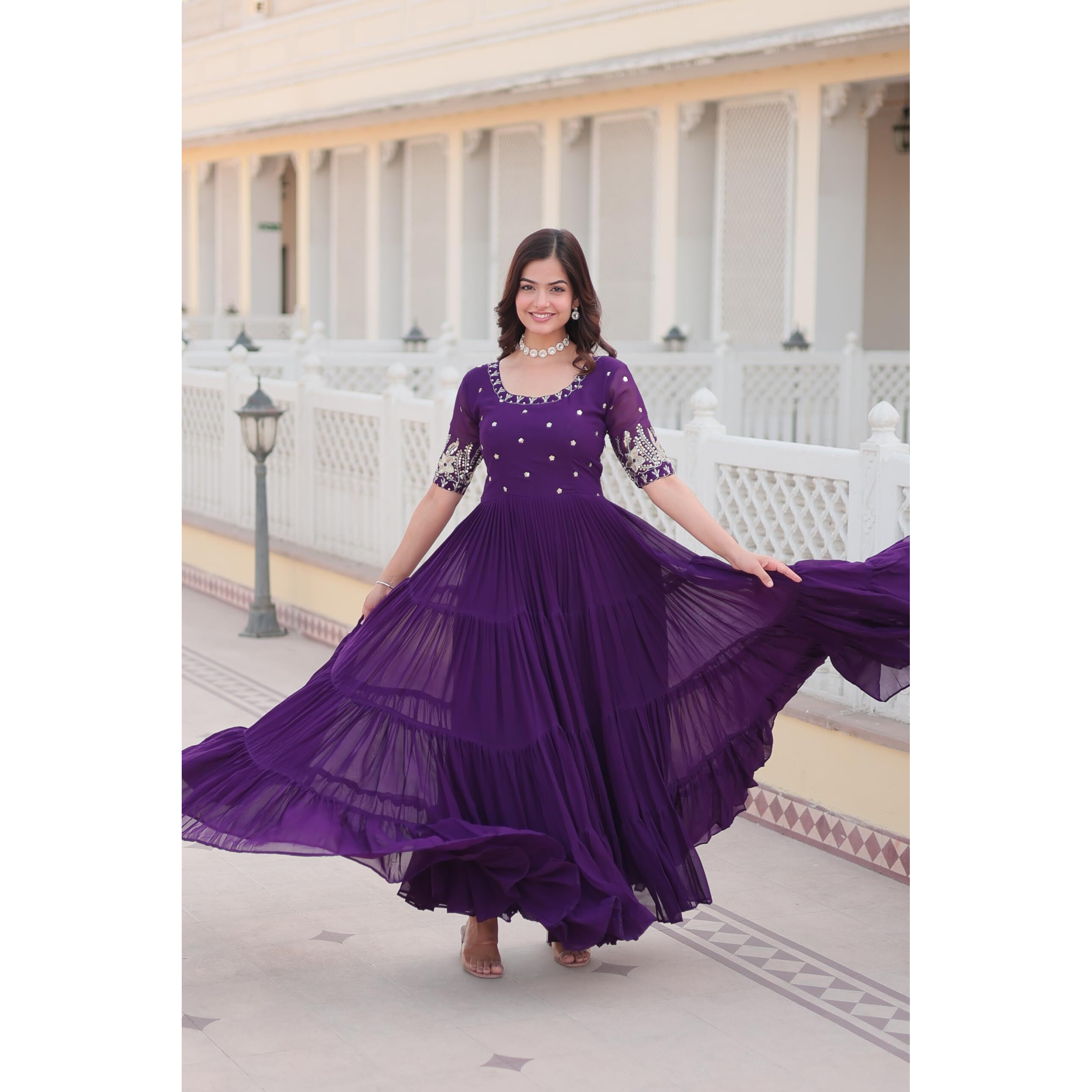 Wedani Georgette Embroidery Zari Sequins-Work Anarkali Kurta Set for Women (in, Alpha, L, Regular, Purple)