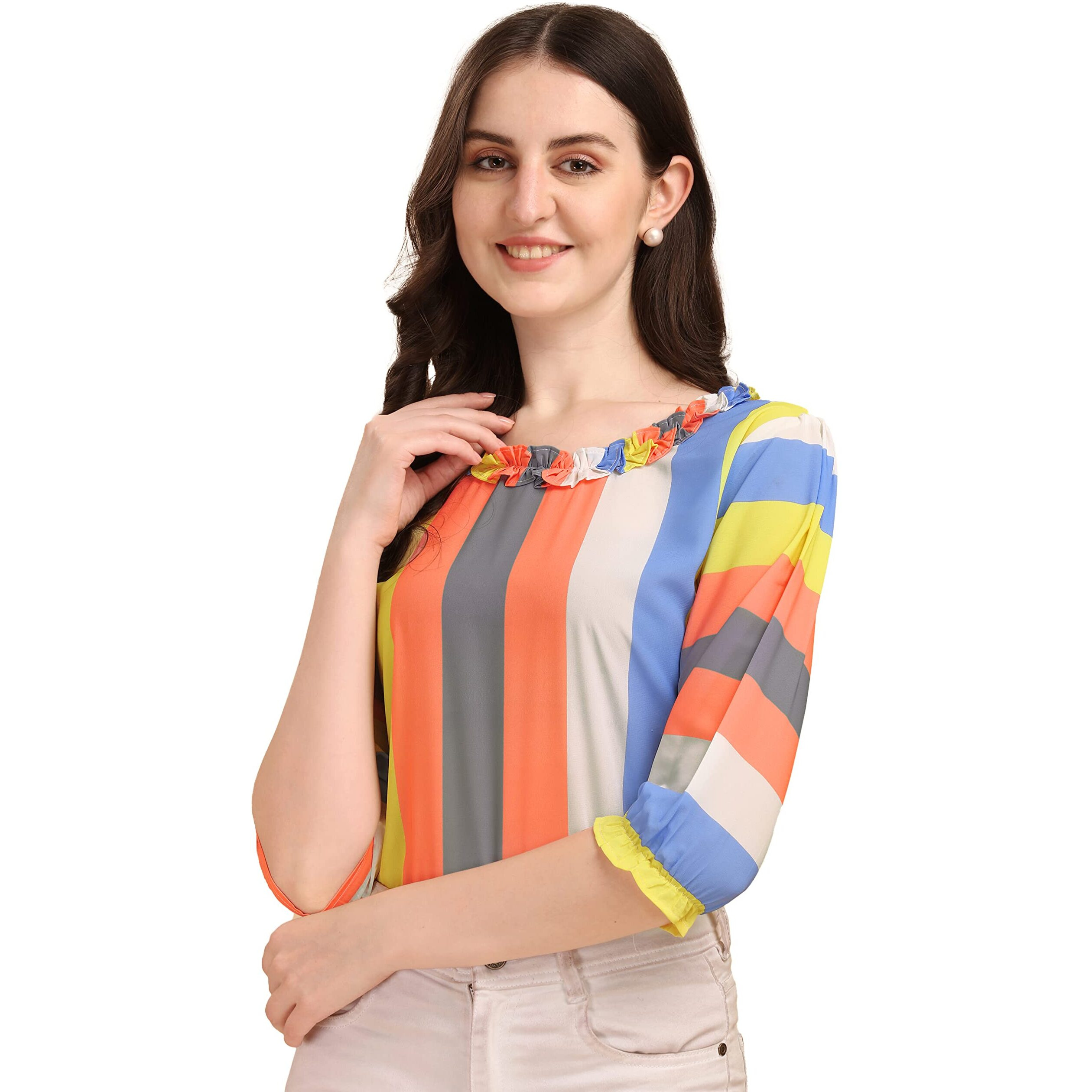 Wedani Women's Casual Puff Sleeves Ruffled Collor Strip Top (Medium, Orange)