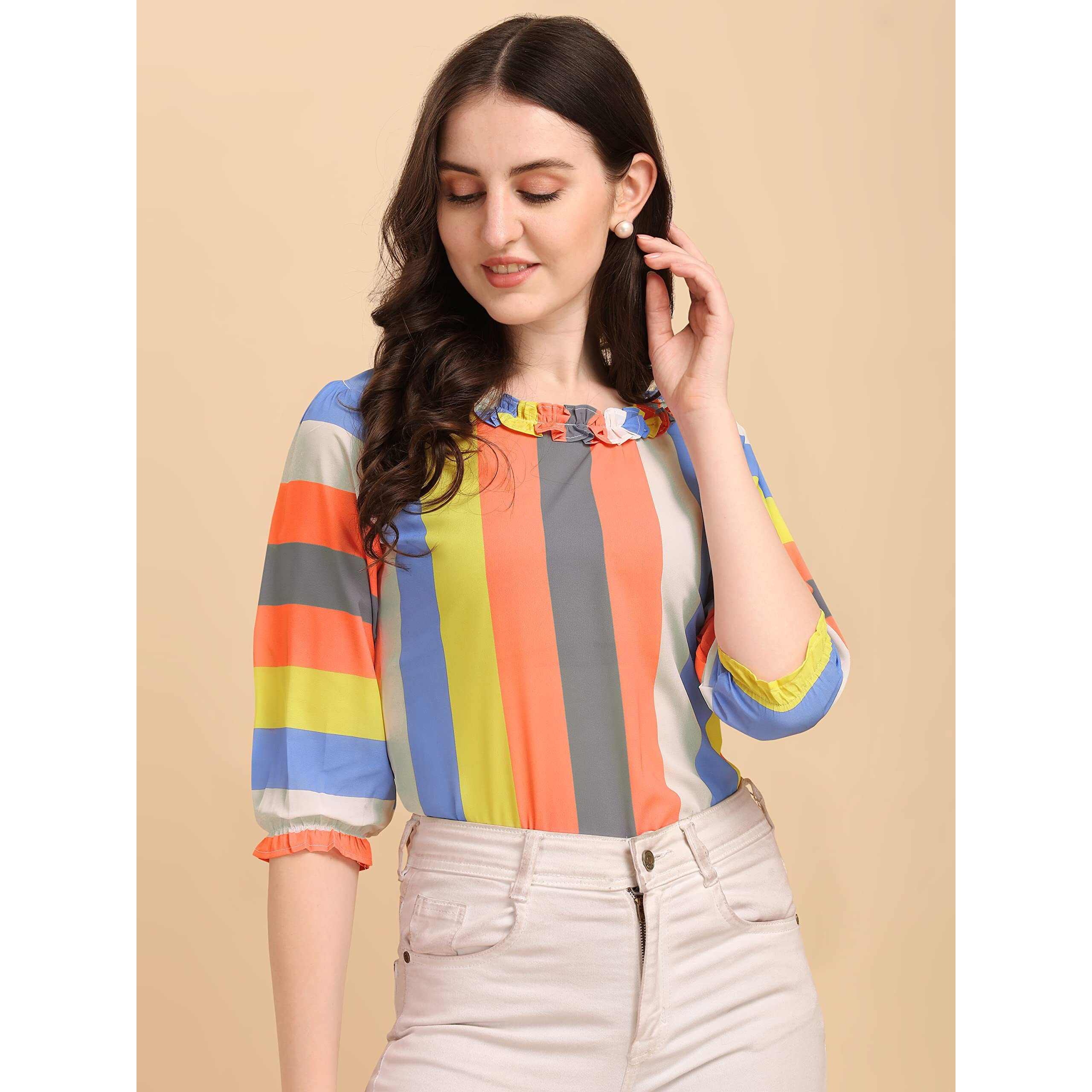 Wedani Women's Casual Puff Sleeves Ruffled Collor Strip Top (Medium, Orange)