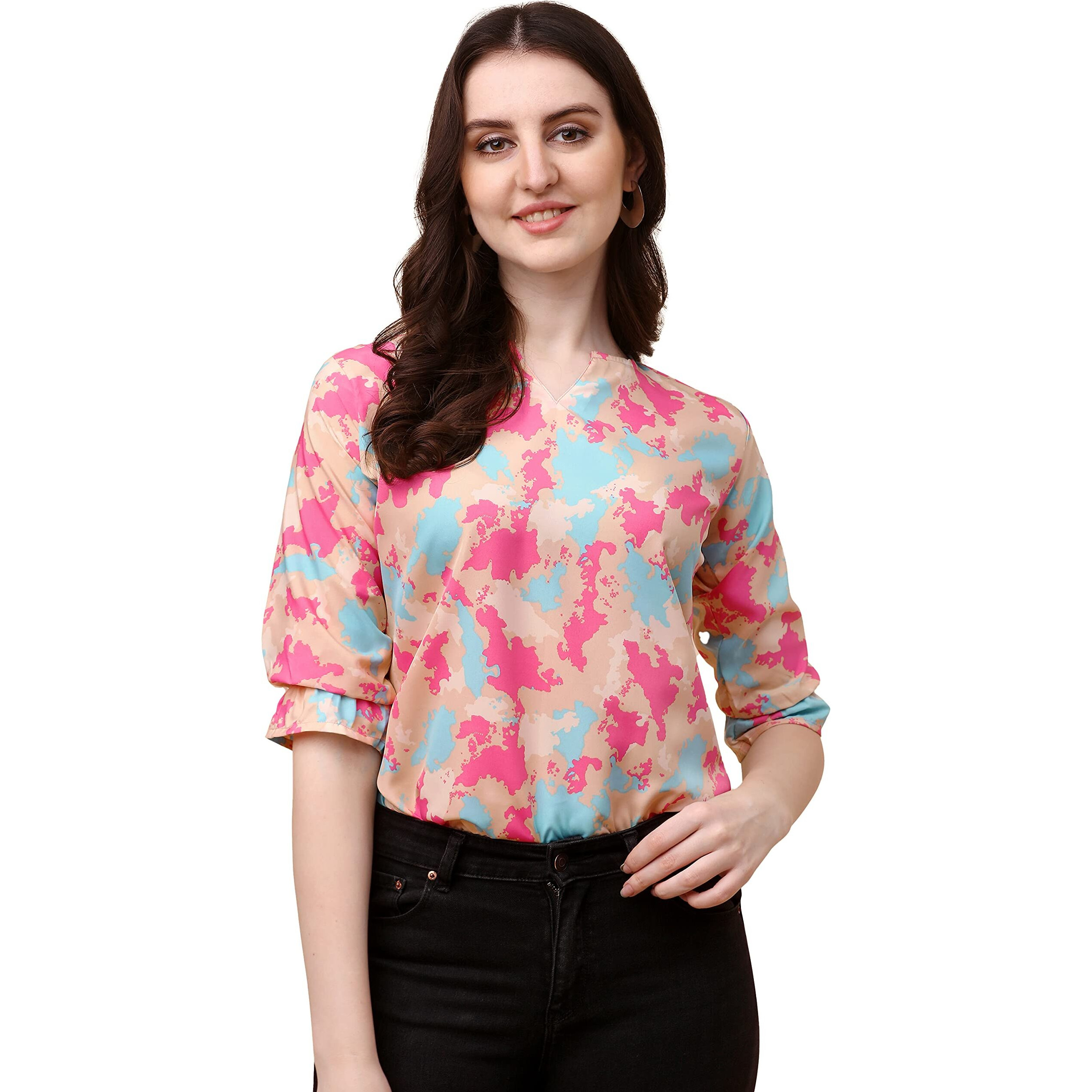Wedani Women's Casual Puff Sleeves V Neck Foral Top (X-Large, Beige)
