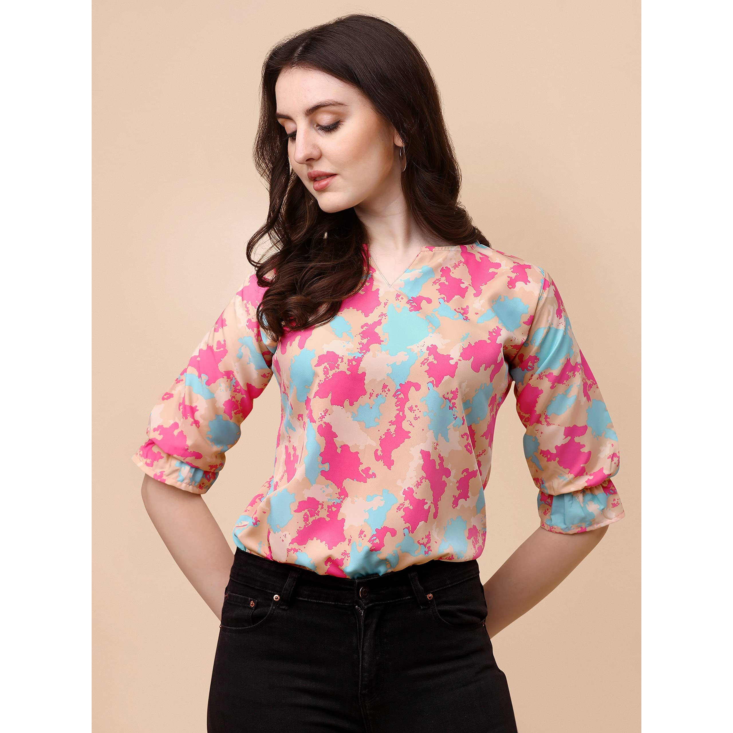 Wedani Women's Casual Puff Sleeves V Neck Foral Top (X-Large, Beige)