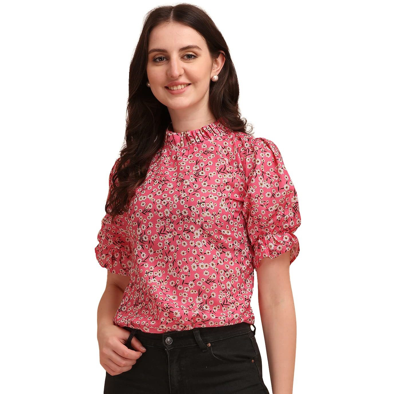 Wedani Women's Casual Puff Sleeves Ruffled Collor Foral Top (Small, Light Pink)
