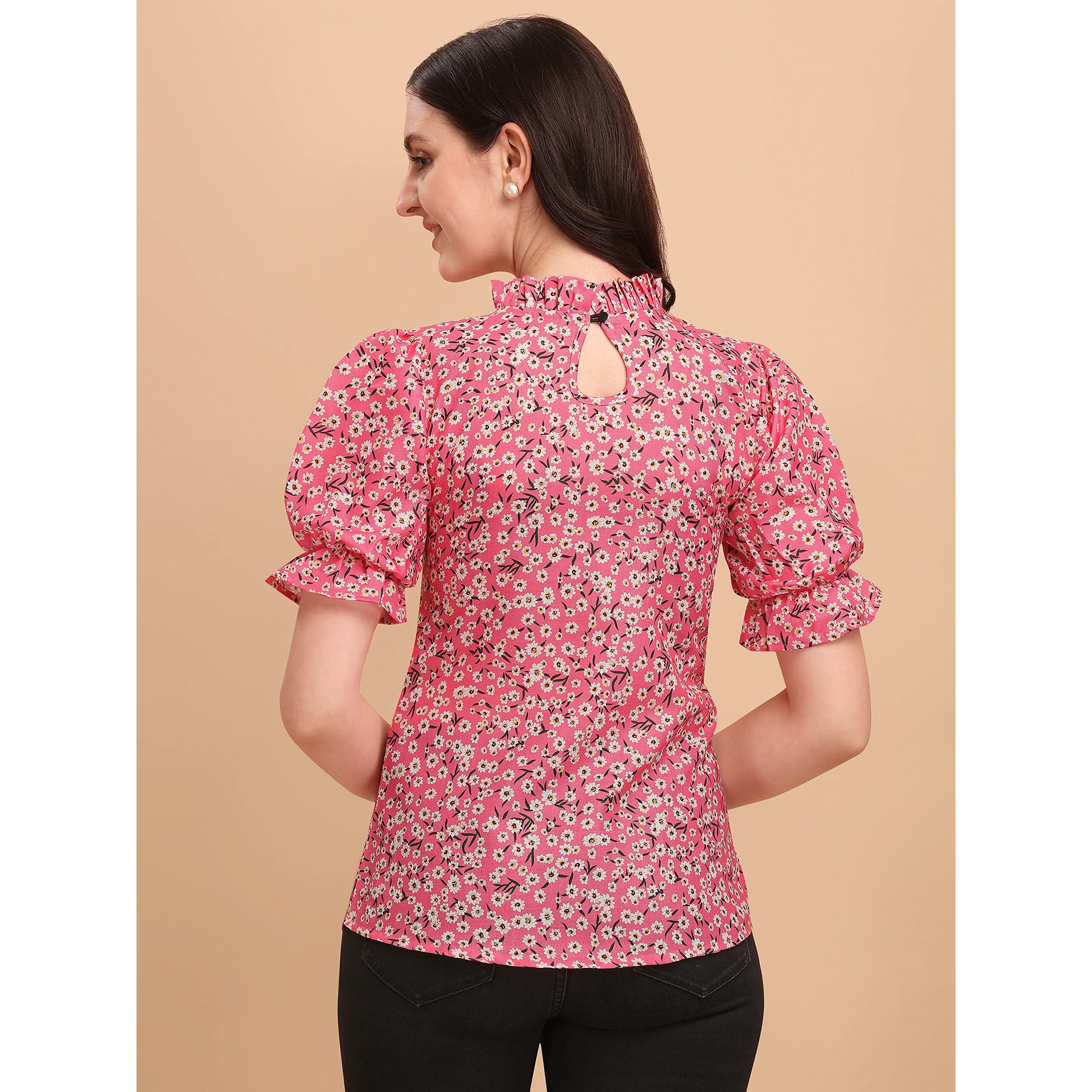 Wedani Women's Casual Puff Sleeves Ruffled Collor Foral Top (Small, Light Pink)