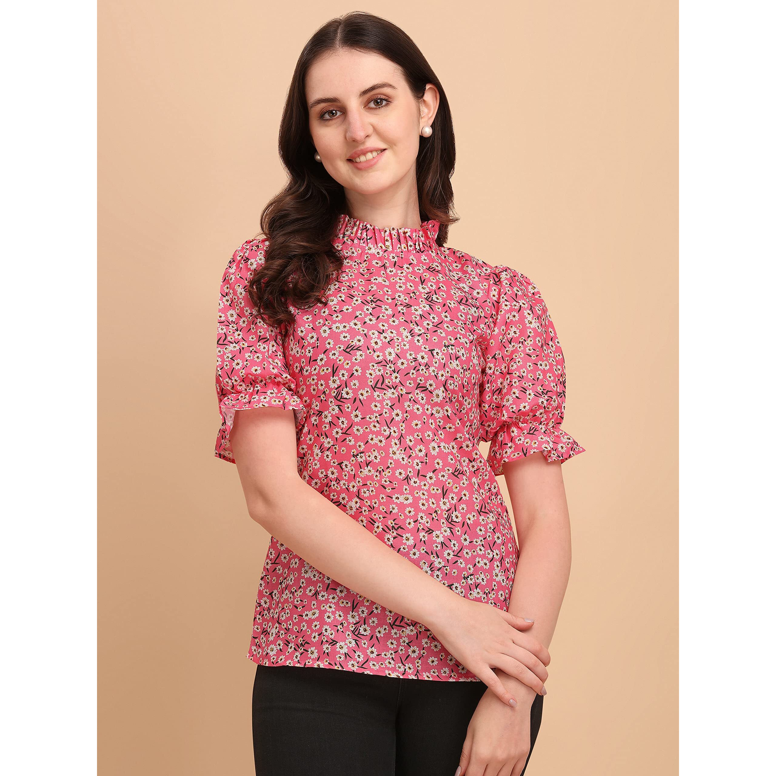 Wedani Women's Casual Puff Sleeves Ruffled Collor Foral Top (Small, Light Pink)