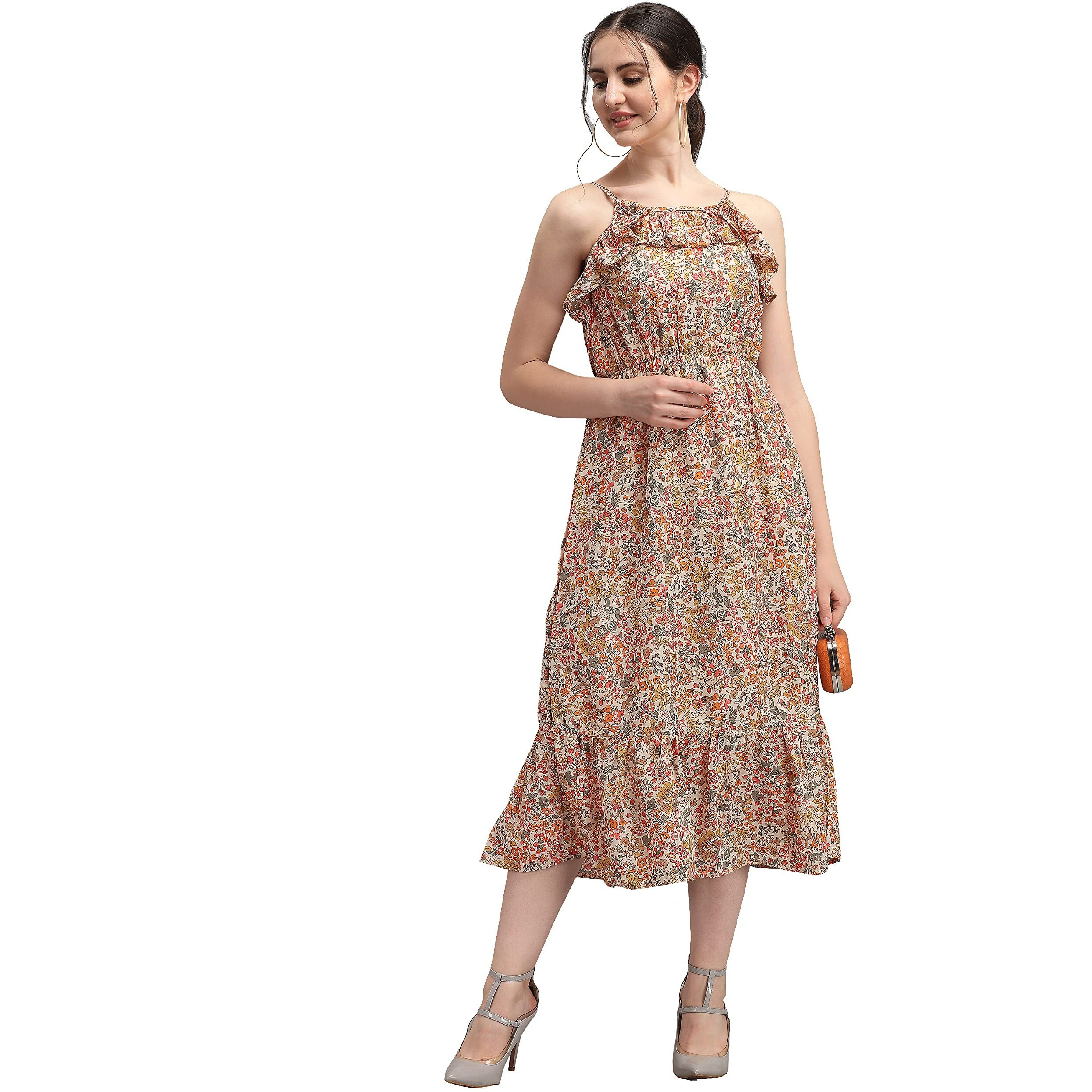 Wedani Women's Floral Fit & Flared Dress (Medium, Beige)