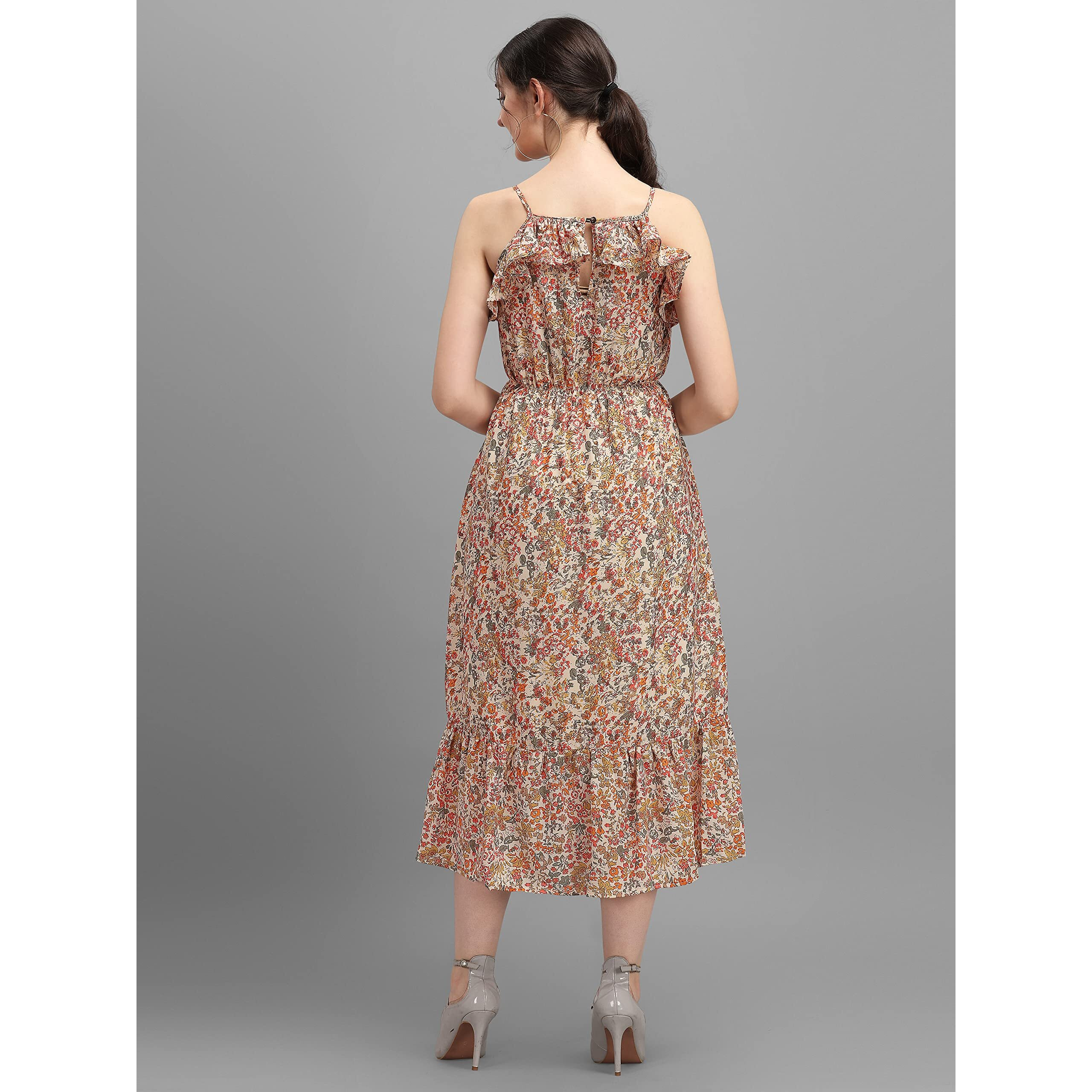 Wedani Women's Floral Fit & Flared Dress (Medium, Beige)