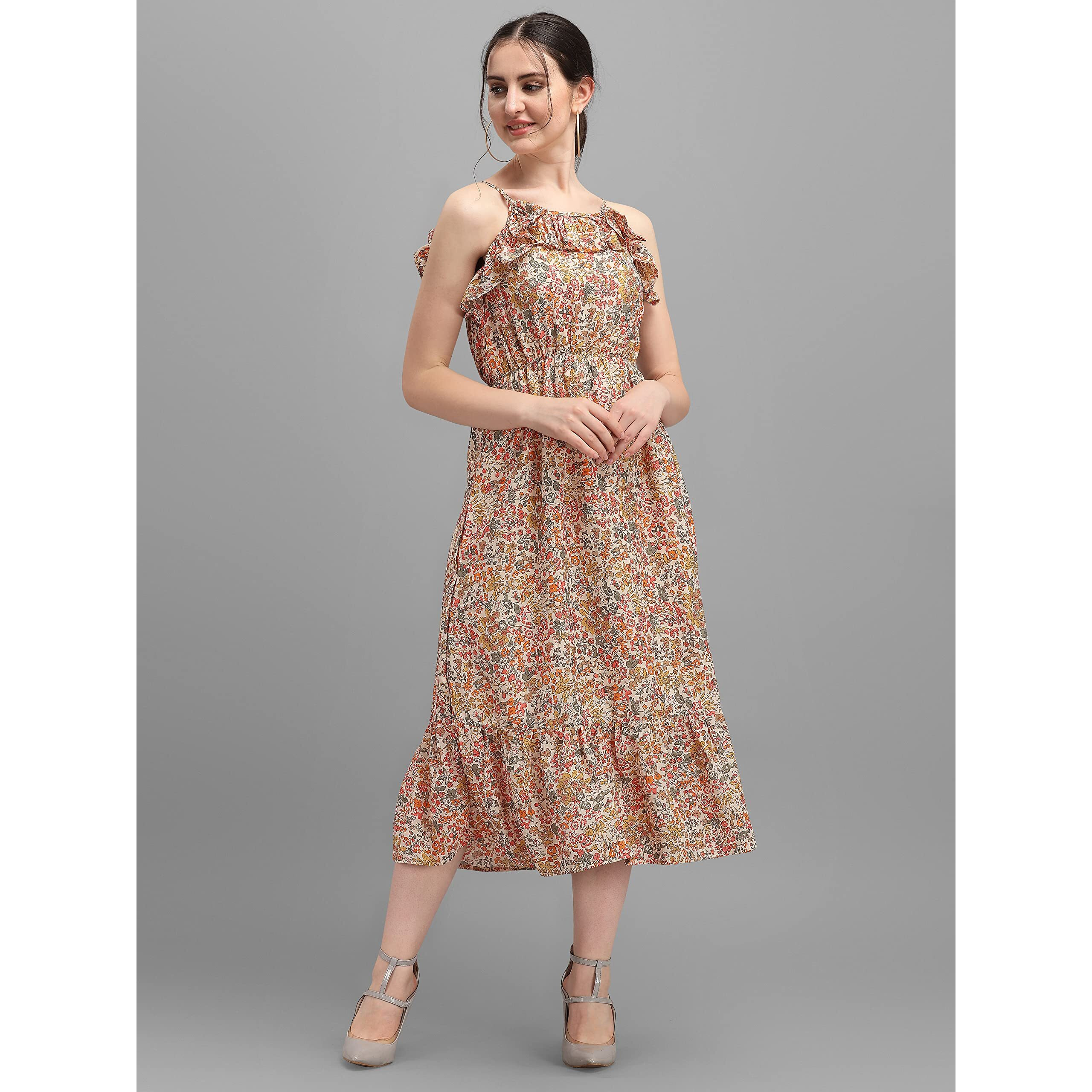 Wedani Women's Floral Fit & Flared Dress (Medium, Beige)