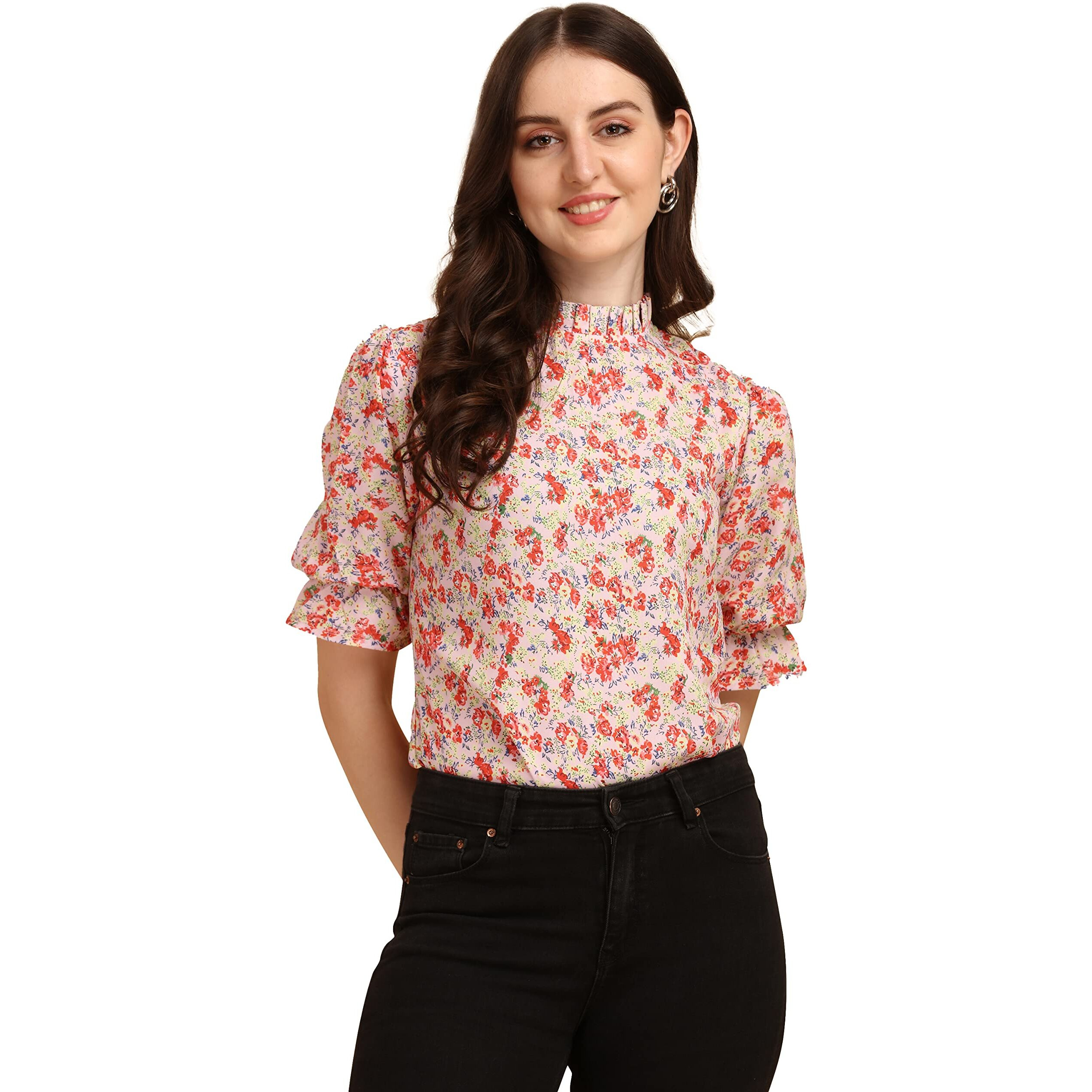 Wedani Women's Casual Puff Sleeves Ruffled Collor Foral Top (Medium, Pink)
