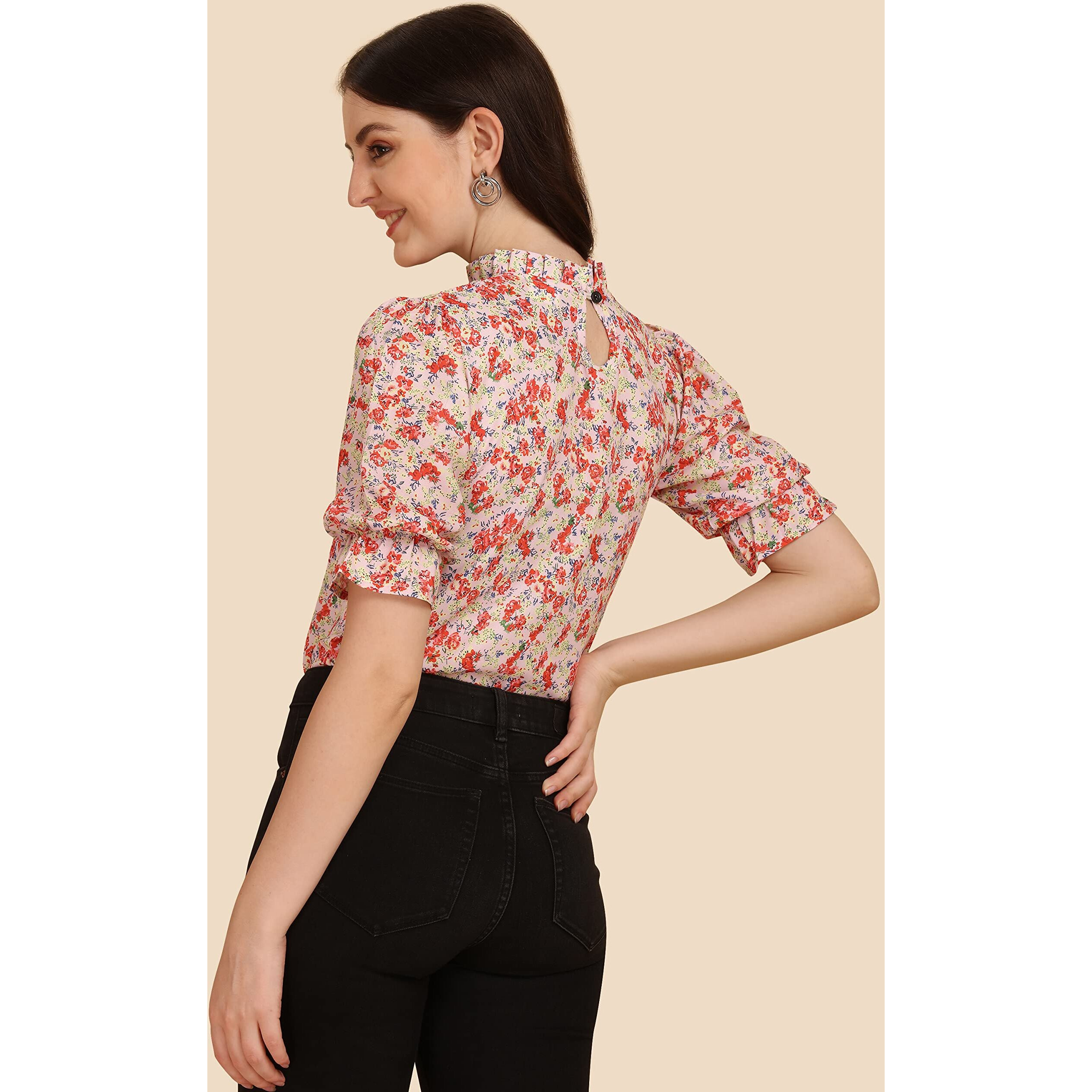 Wedani Women's Casual Puff Sleeves Ruffled Collor Foral Top (Medium, Pink)