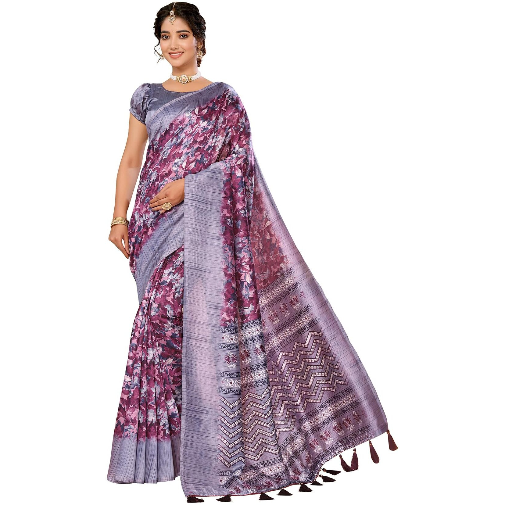 Yashika Women's Art Silk Printed with Tassels Unstitched Blouse Material Stylish Party Casual Wear Traditional Trendy Saree (AZ-YS-P1-MIRZA-Parent_Purple)