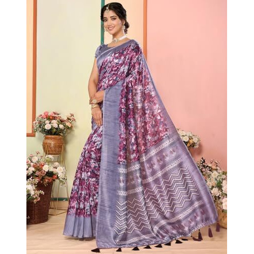Yashika Women's Art Silk Printed with Tassels Unstitched Blouse Material Stylish Party Casual Wear Traditional Trendy Saree (AZ-YS-P1-MIRZA-Parent_Purple)
