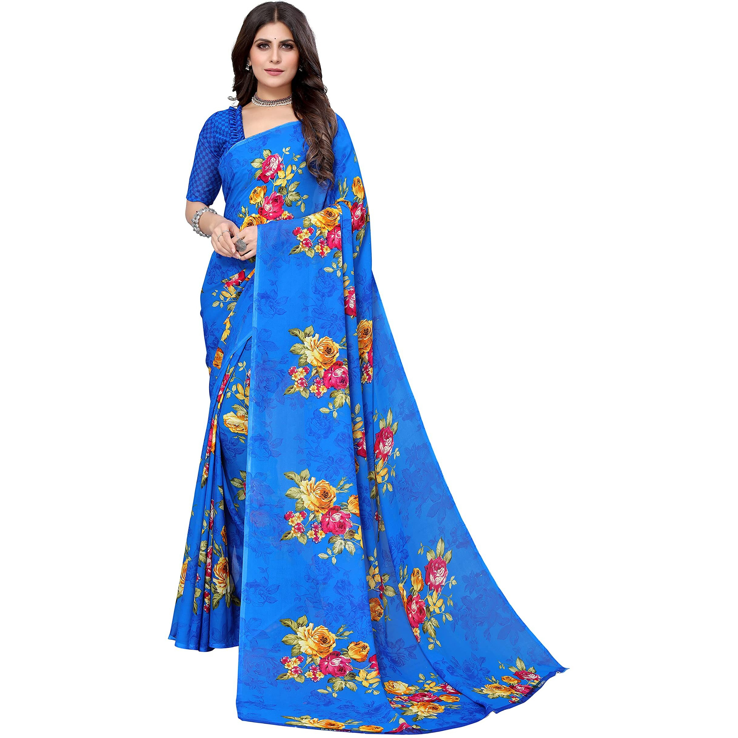 Yashika Women's Plain Polyester Printed Georgette Saree (APEXA Blue