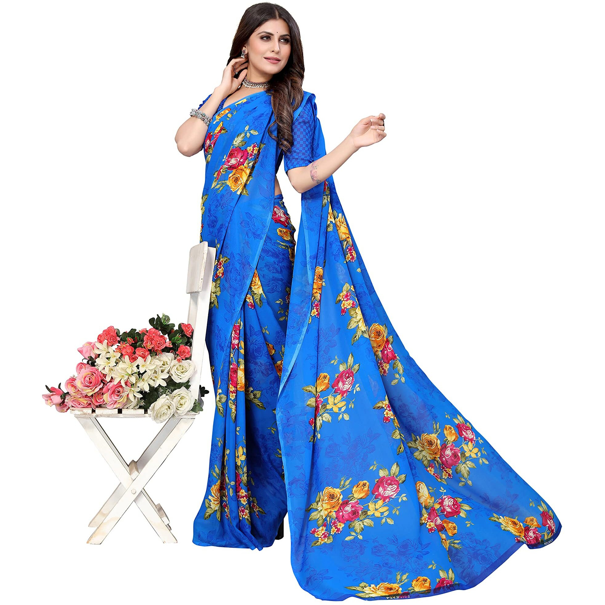 Yashika Women's Plain Polyester Printed Georgette Saree (APEXA Blue