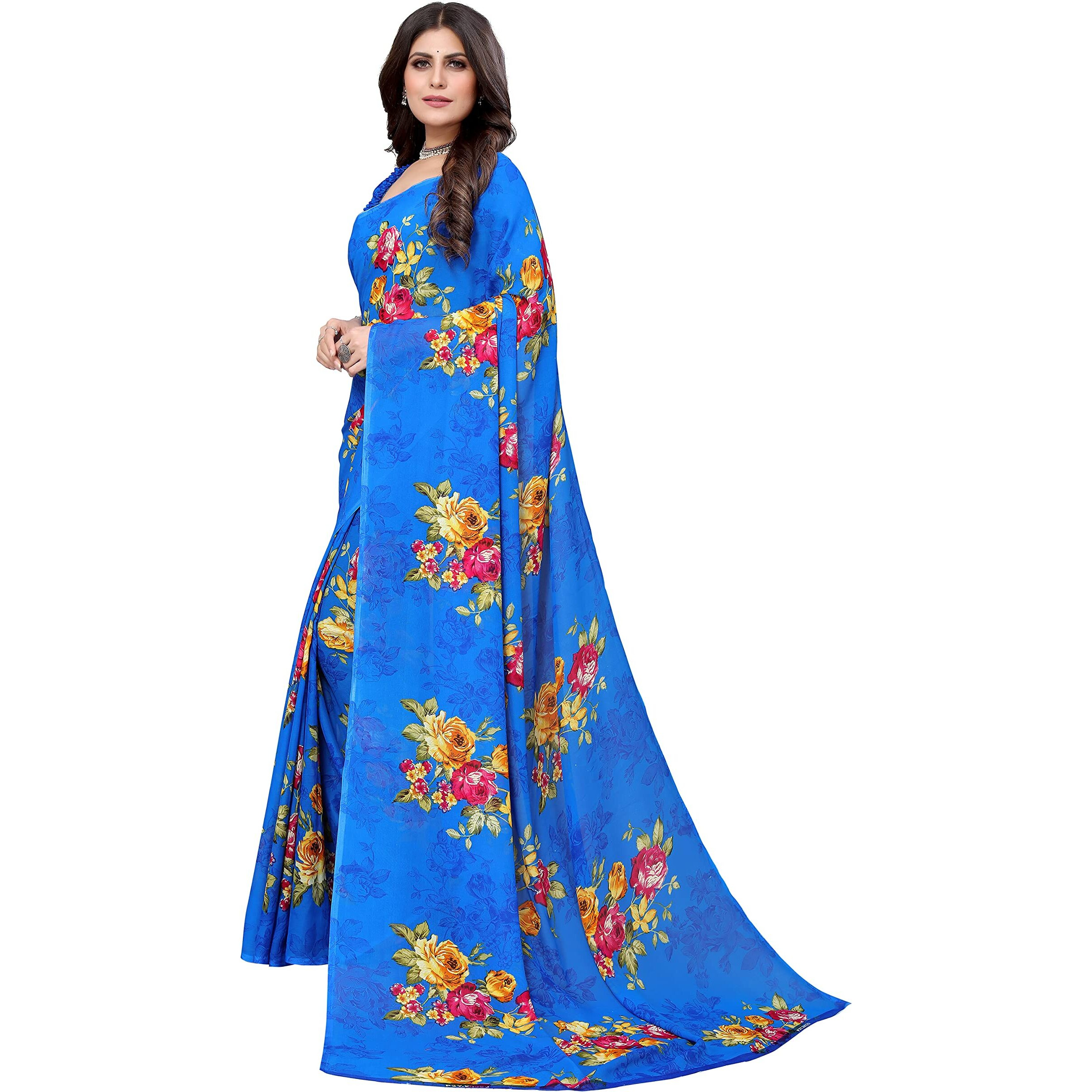 Yashika Women's Plain Polyester Printed Georgette Saree (APEXA Blue