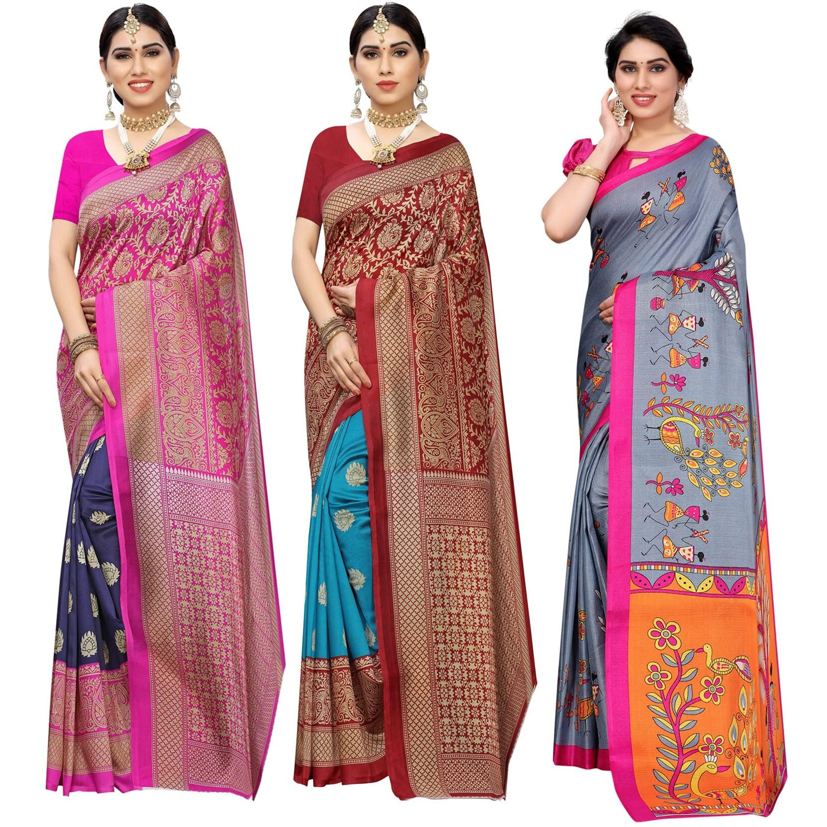 Yashika Women's Combo Art Silk Saree with Blouse Piece-Pack of 3 Navy-Metro RAMA-DANDIYA Grey Multicolor-10