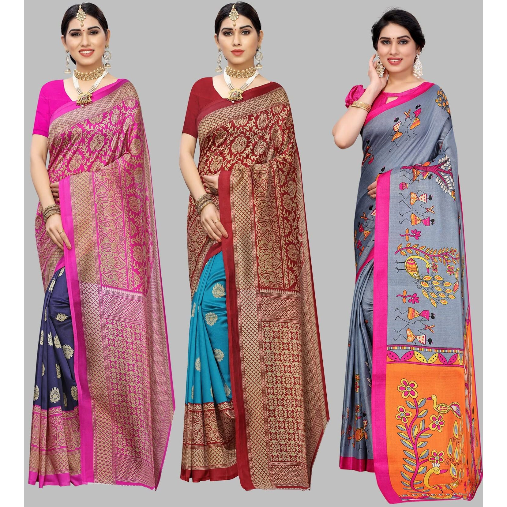 Yashika Women's Combo Art Silk Saree with Blouse Piece-Pack of 3 Navy-Metro RAMA-DANDIYA Grey Multicolor-10