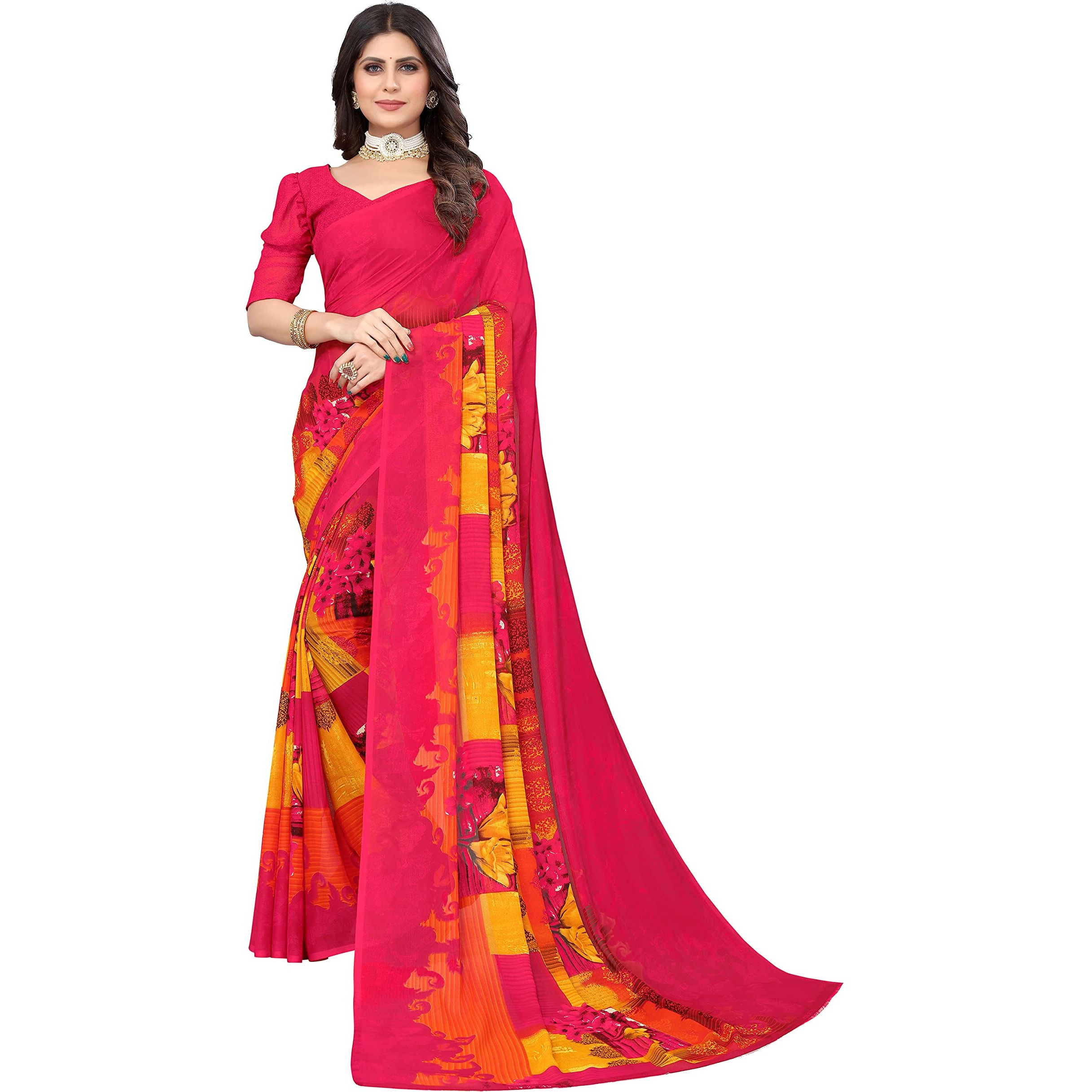 Yashika Jacquard Women's Rani Pink Georgette Floral Printed Saree with Unstitched Blouse Piece (DHRUVIKA 1)