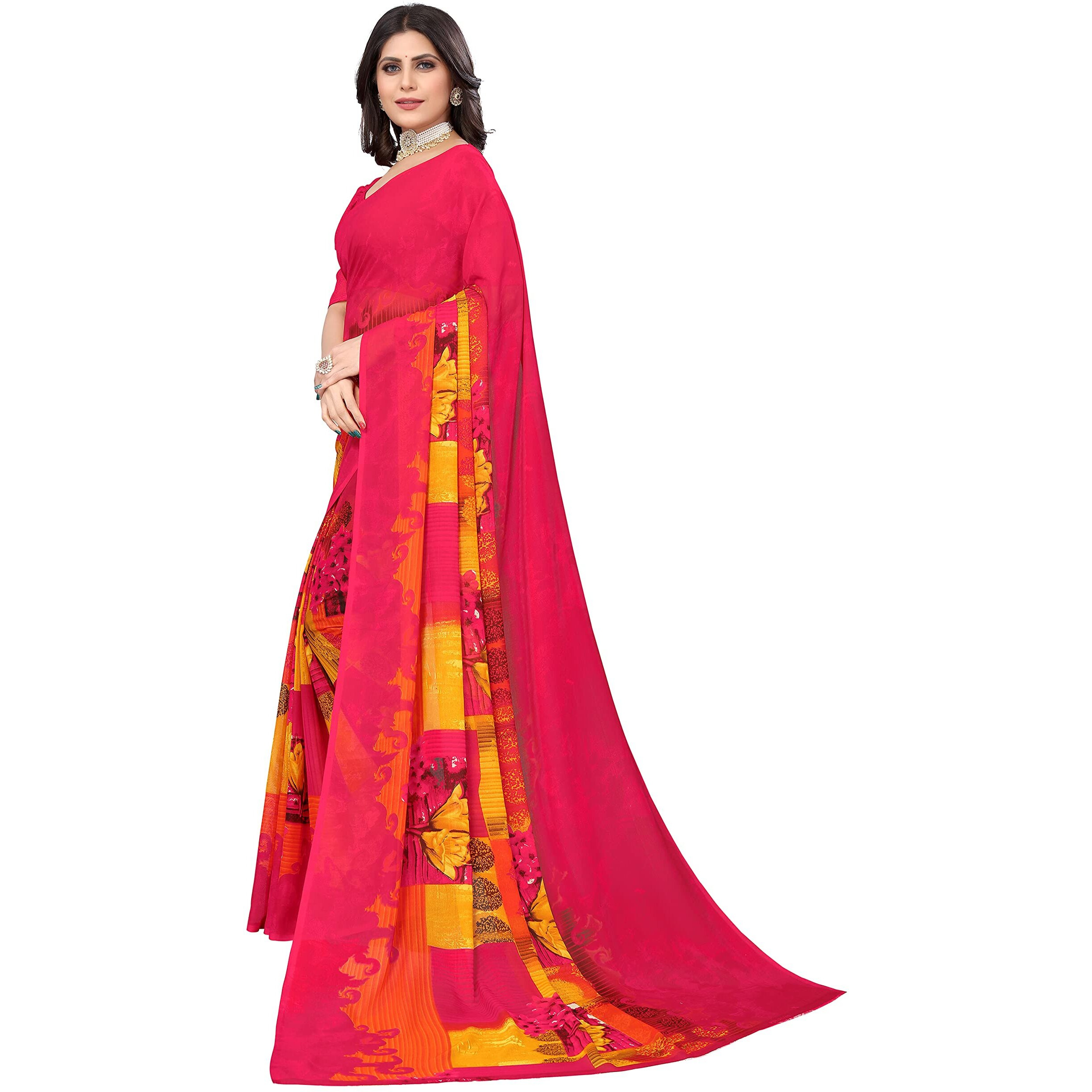 Yashika Jacquard Women's Rani Pink Georgette Floral Printed Saree with Unstitched Blouse Piece (DHRUVIKA 1)