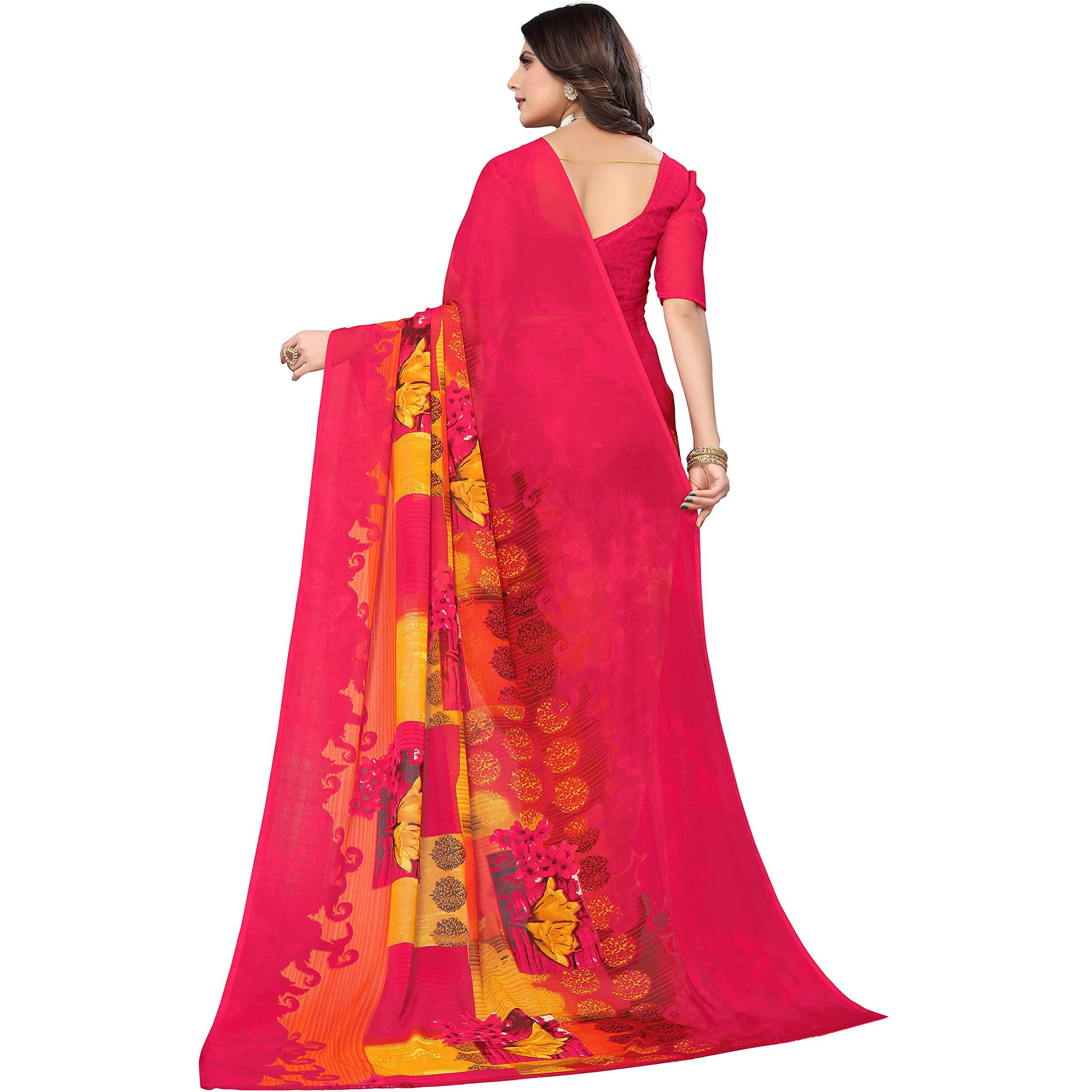 Yashika Jacquard Women's Rani Pink Georgette Floral Printed Saree with Unstitched Blouse Piece (DHRUVIKA 1)