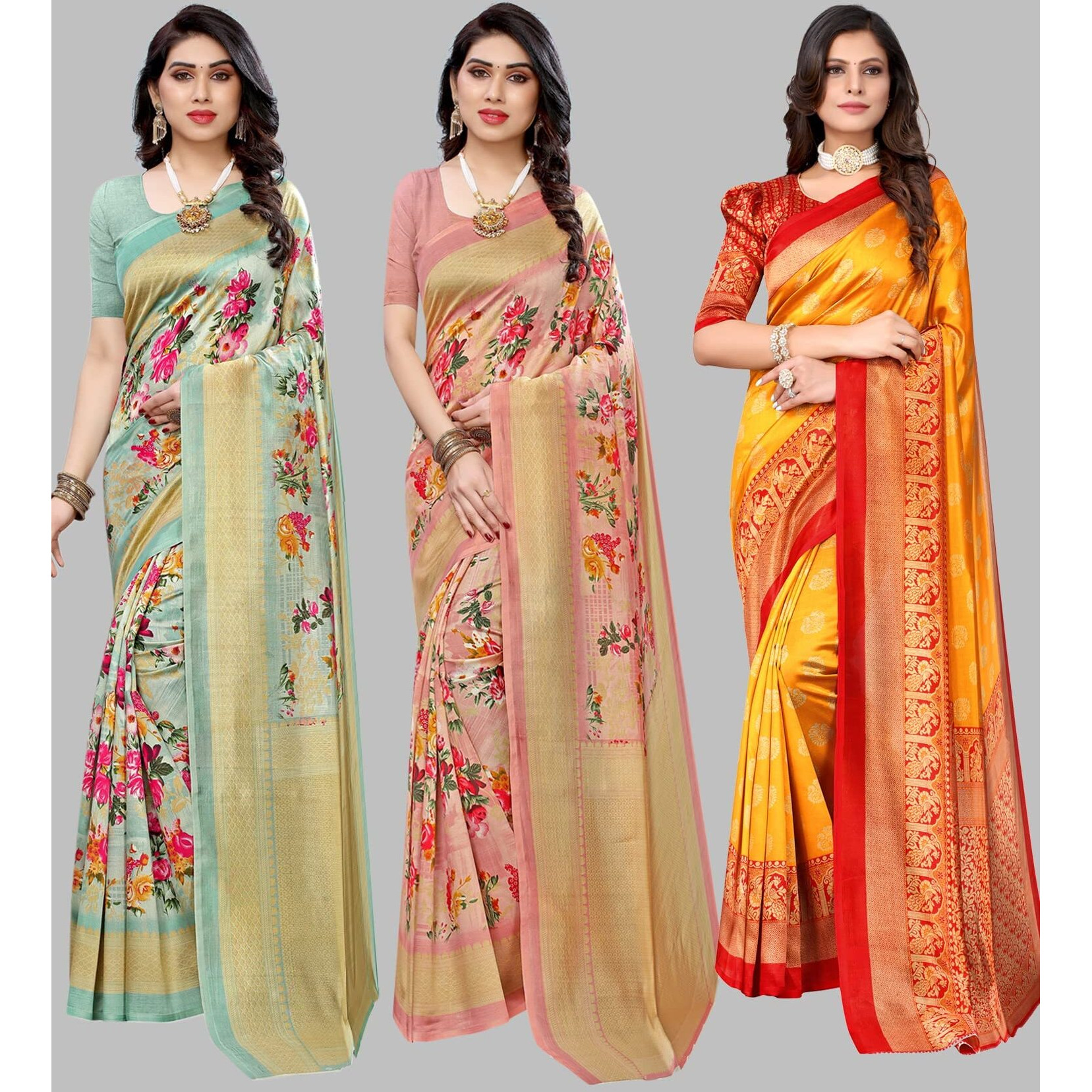Yashika Women's Combo Art Silk Saree with Blouse Piece-Pack of 3 Light Green-AIR Peach-MINALI Mustard Multicolor-02