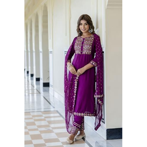 Yashika Women's Reyon Regular Kurta Set in Solid Maroon Color Pure Rayon Fabric with Pant and Dupatta (AZ-YS-P1-KS2151-S