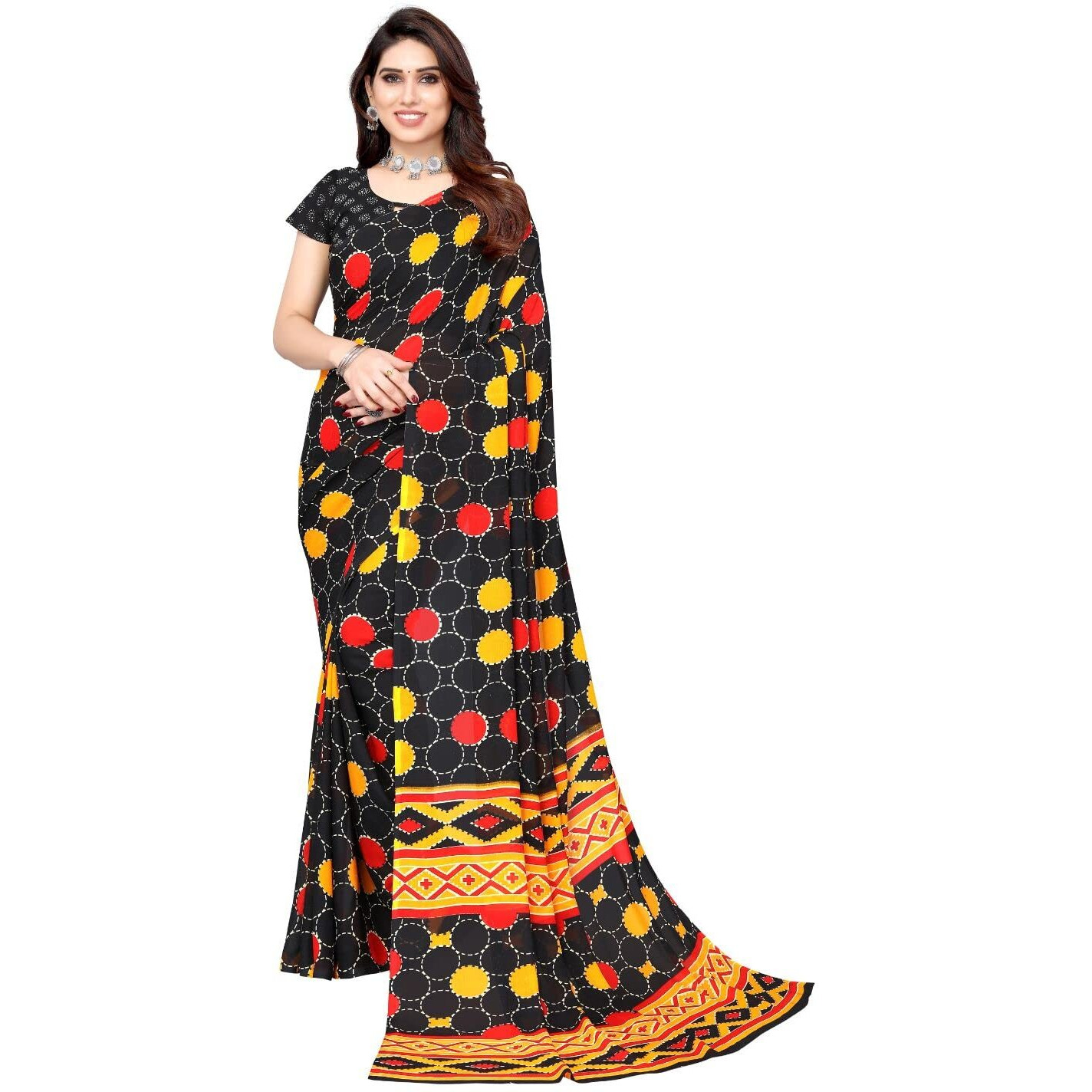 Yashika Women's Black Polka Printed Georgette Saree with Blouse Piece(BUBBLES BLACK_Free Size)