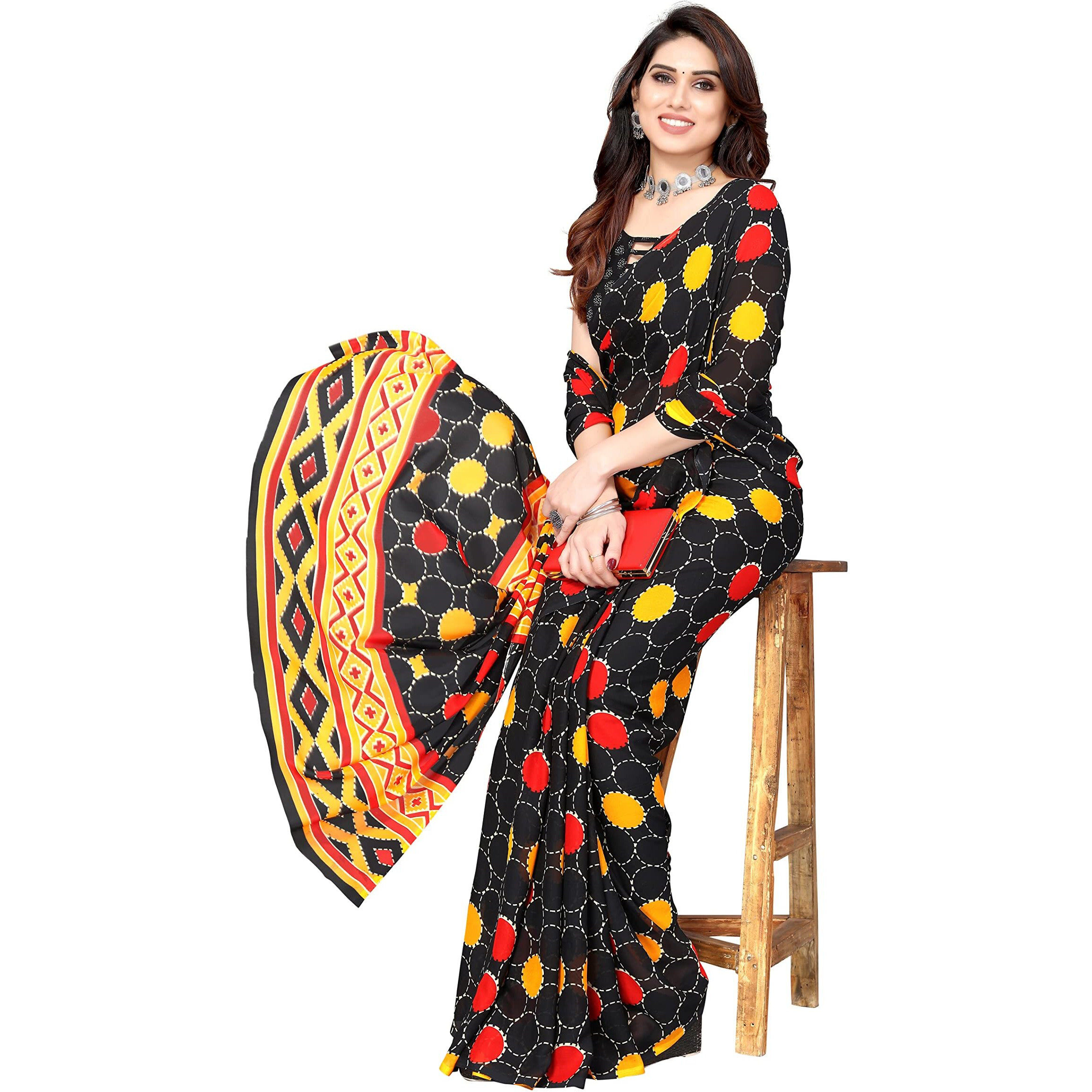 Yashika Women's Black Polka Printed Georgette Saree with Blouse Piece(BUBBLES BLACK_Free Size)