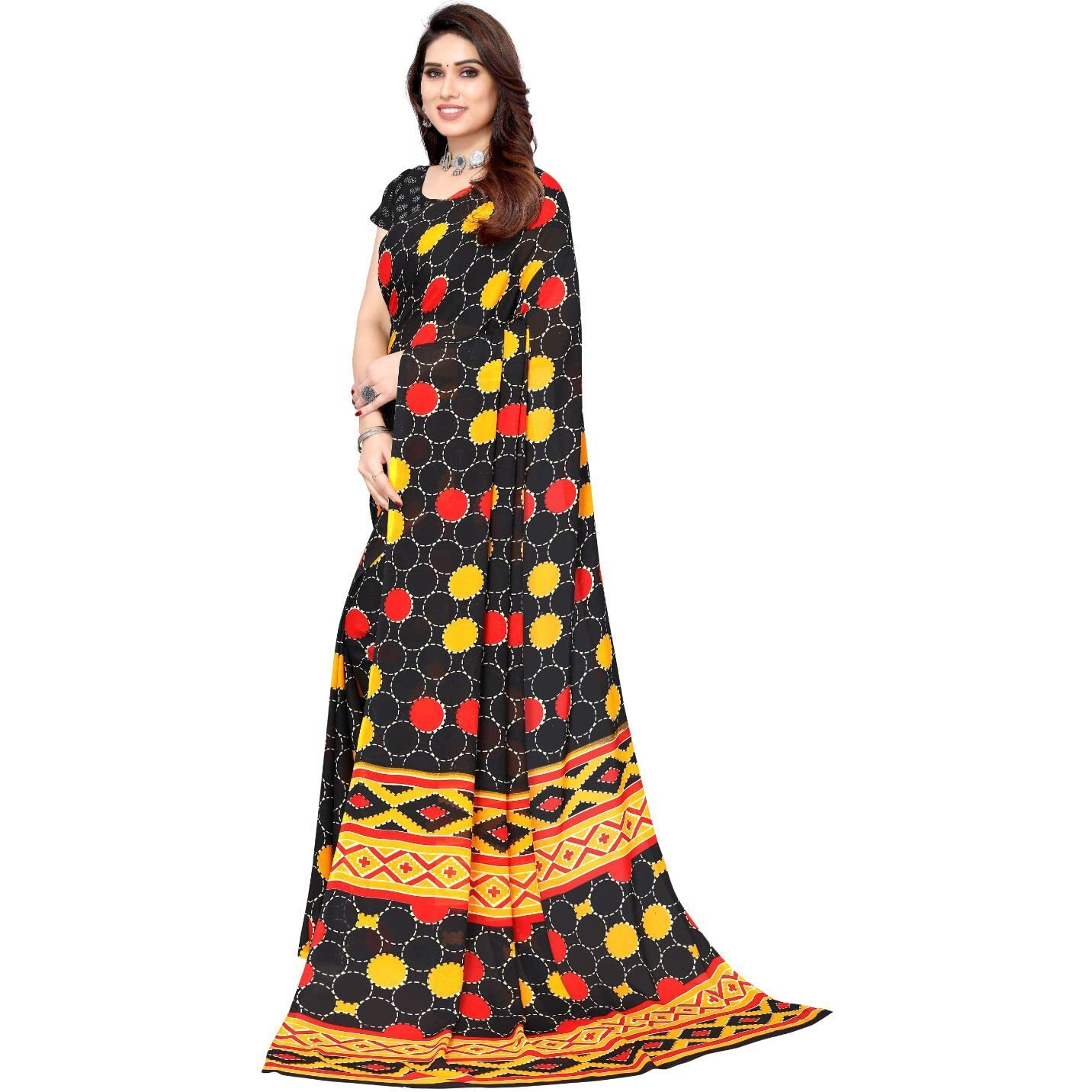Yashika Women's Black Polka Printed Georgette Saree with Blouse Piece(BUBBLES BLACK_Free Size)