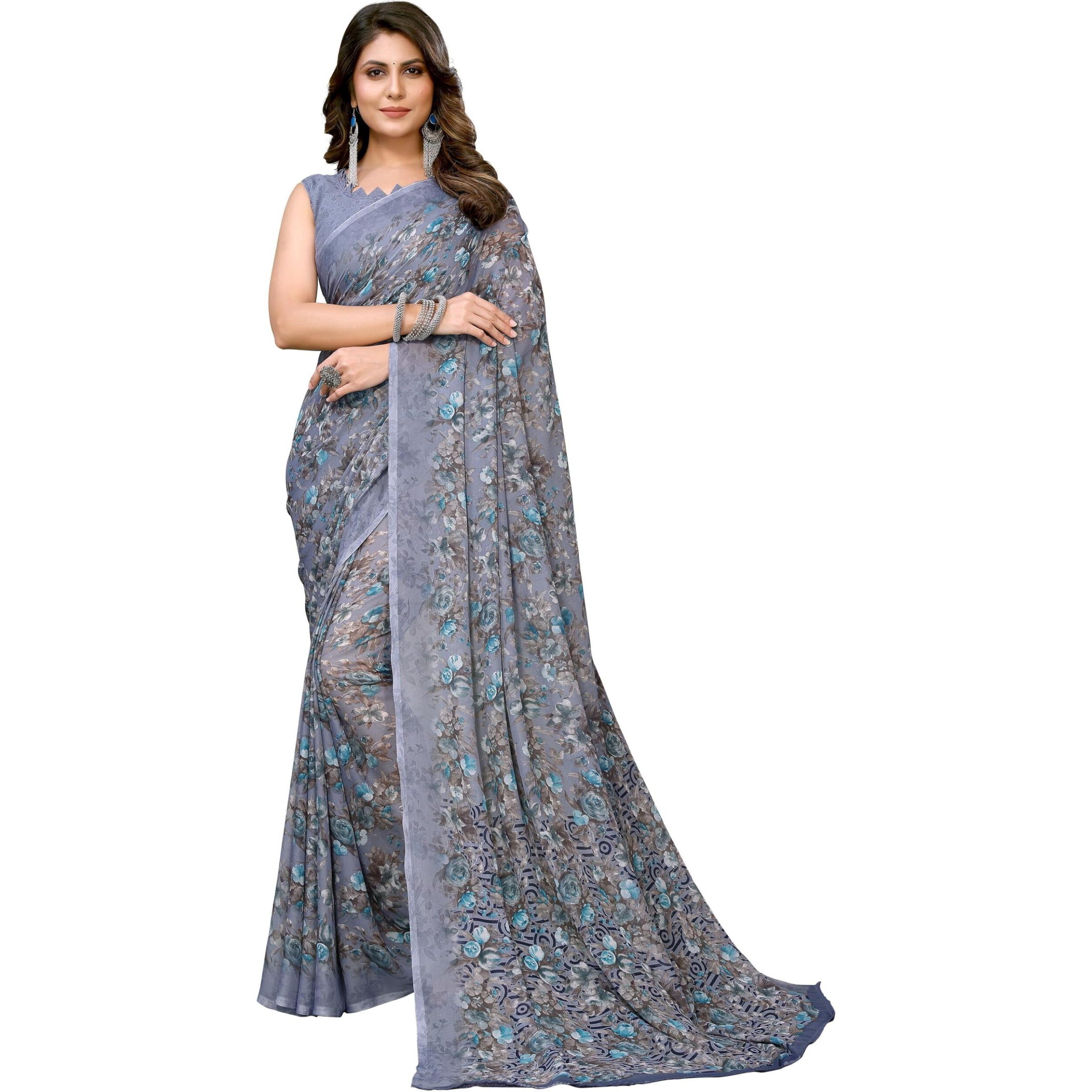 Yashika Women's Trendy Printed Georgette Grey Color Saree with Blouse Material(BARSHA GREY)