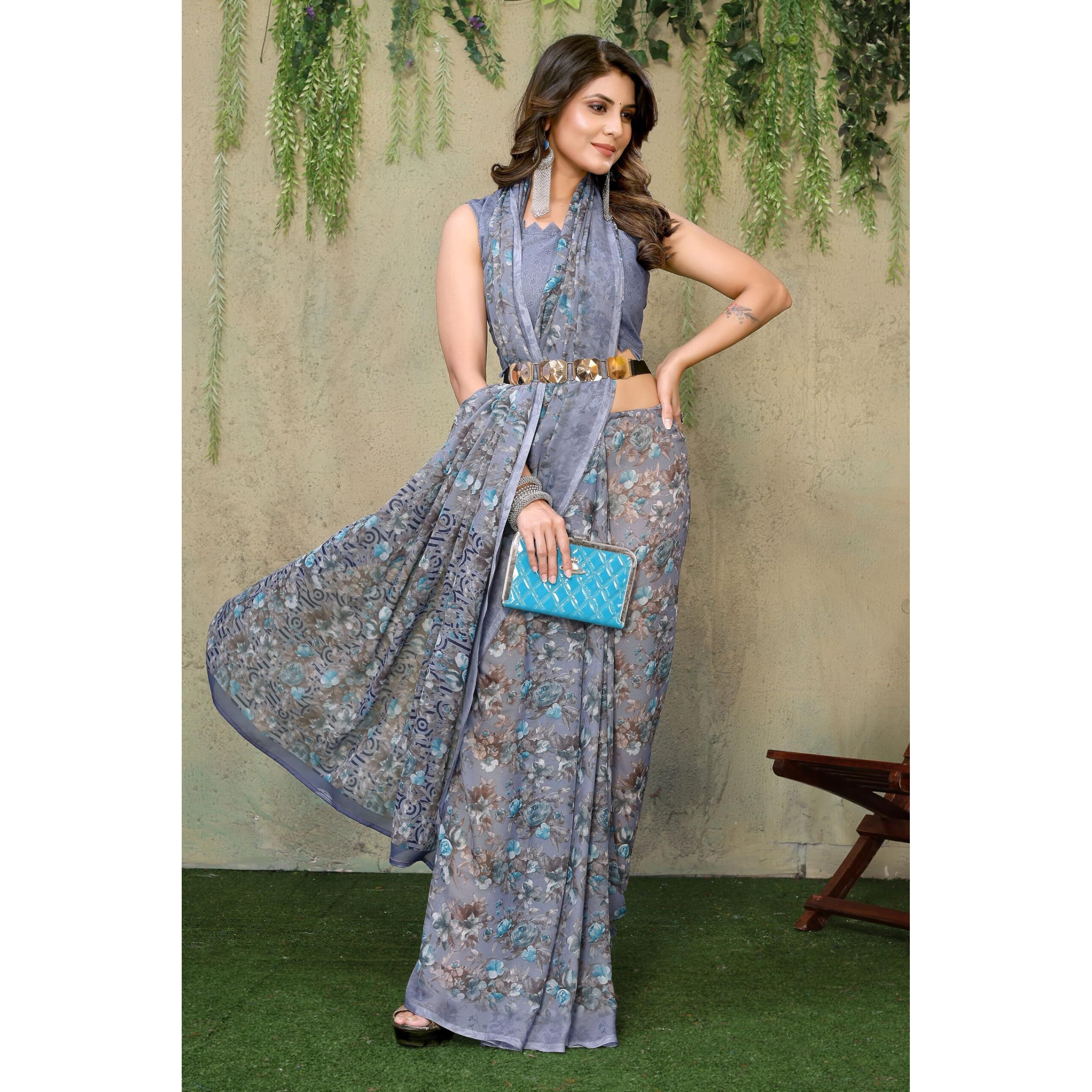Yashika Women's Trendy Printed Georgette Grey Color Saree with Blouse Material(BARSHA GREY)