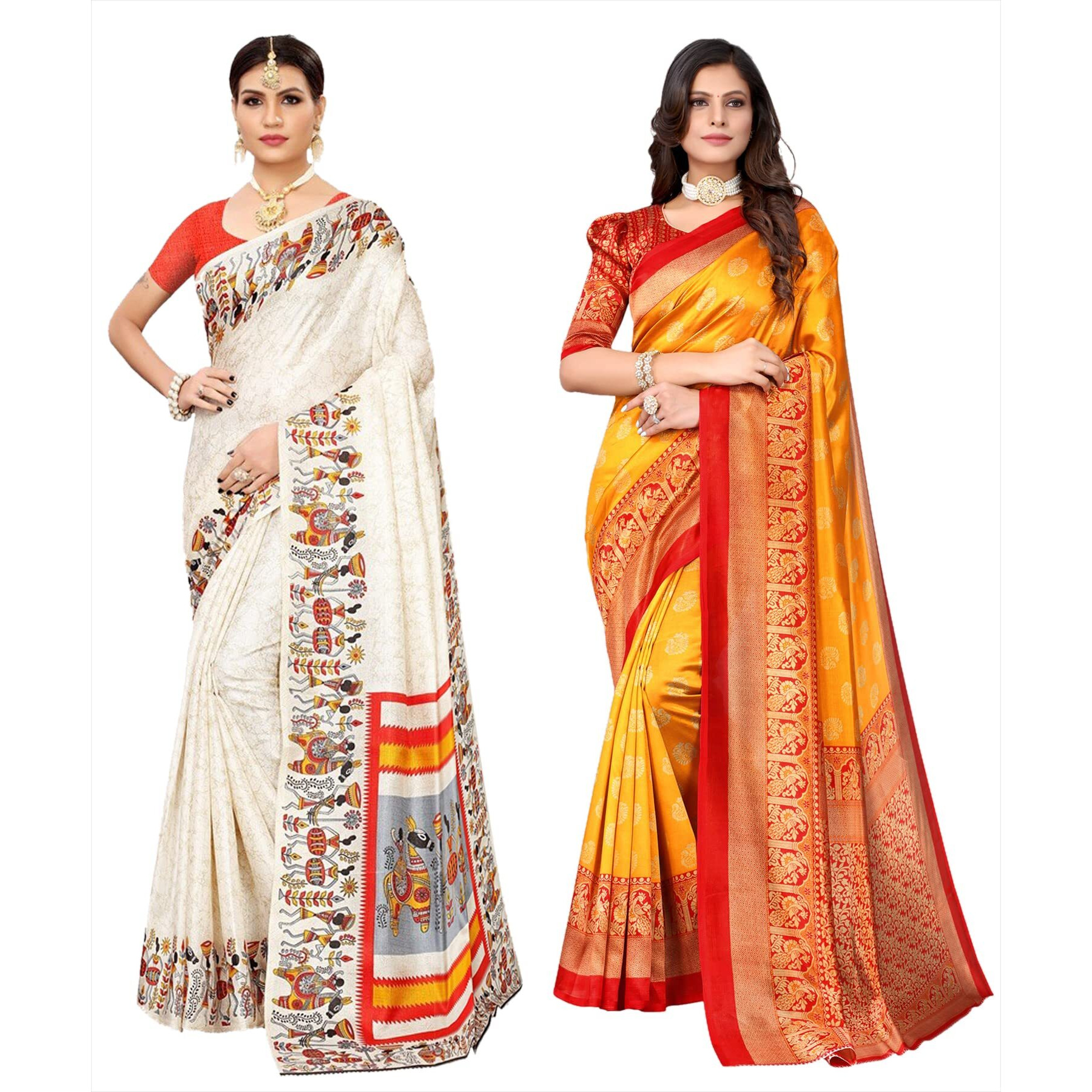Yashika Women's Combo Art Silk Printed Saree With Blouse Piece Pack Of 2(VIVO ORANGE-MINALI MUSTARD)