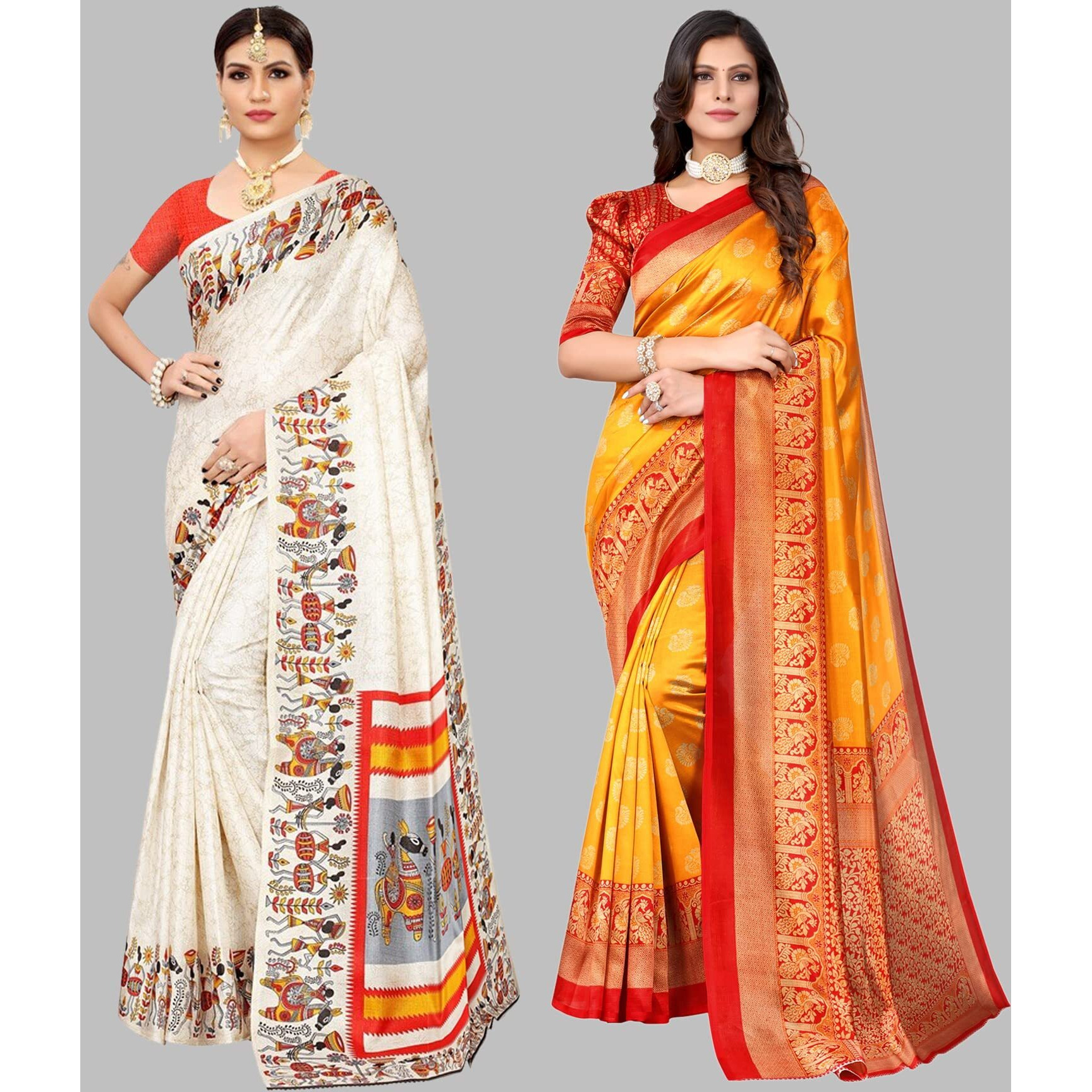 Yashika Women's Combo Art Silk Printed Saree With Blouse Piece Pack Of 2(VIVO ORANGE-MINALI MUSTARD)