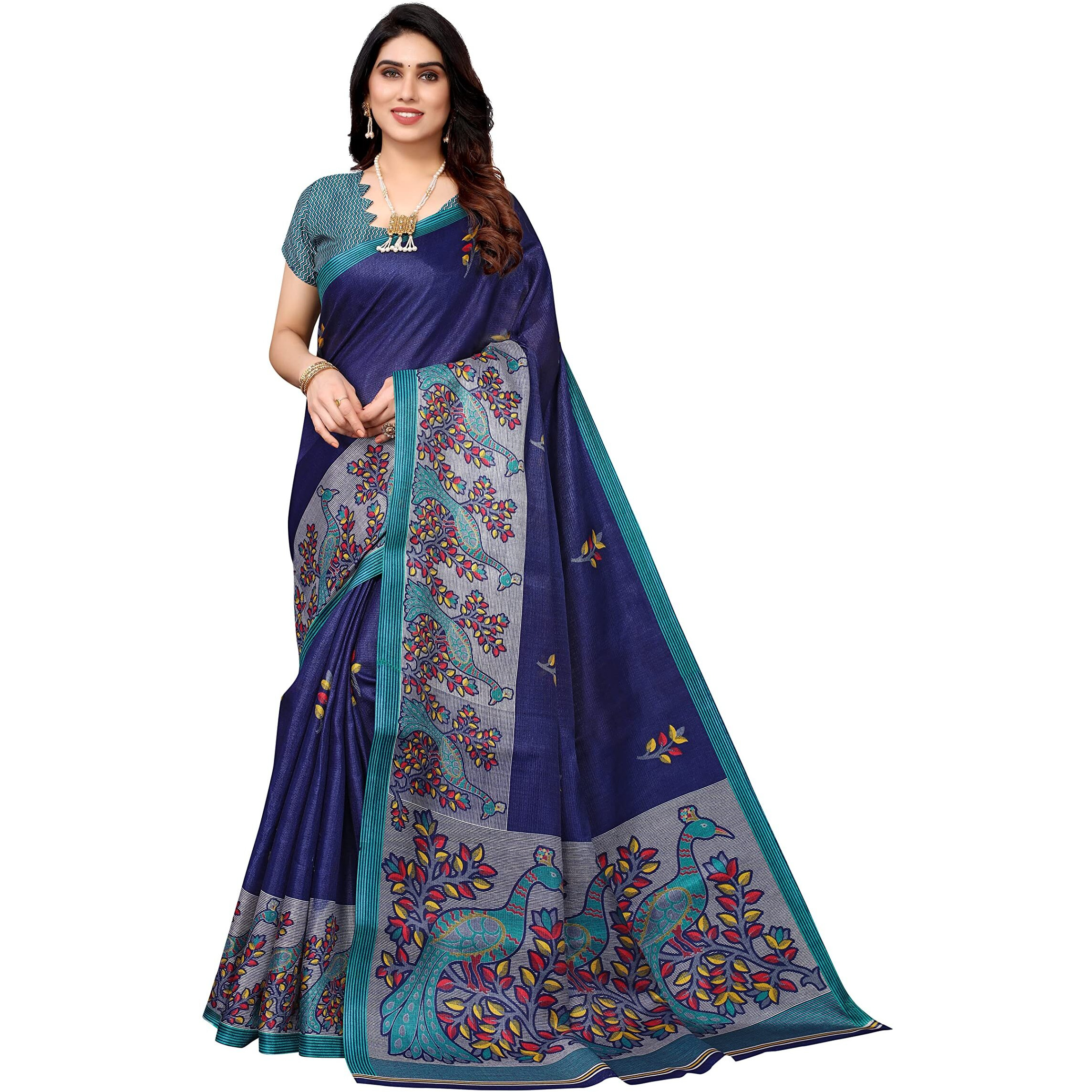Yashika Womens Art Silk Printed Saree With Blouse Piece(UDITA NAVY_Free Size)