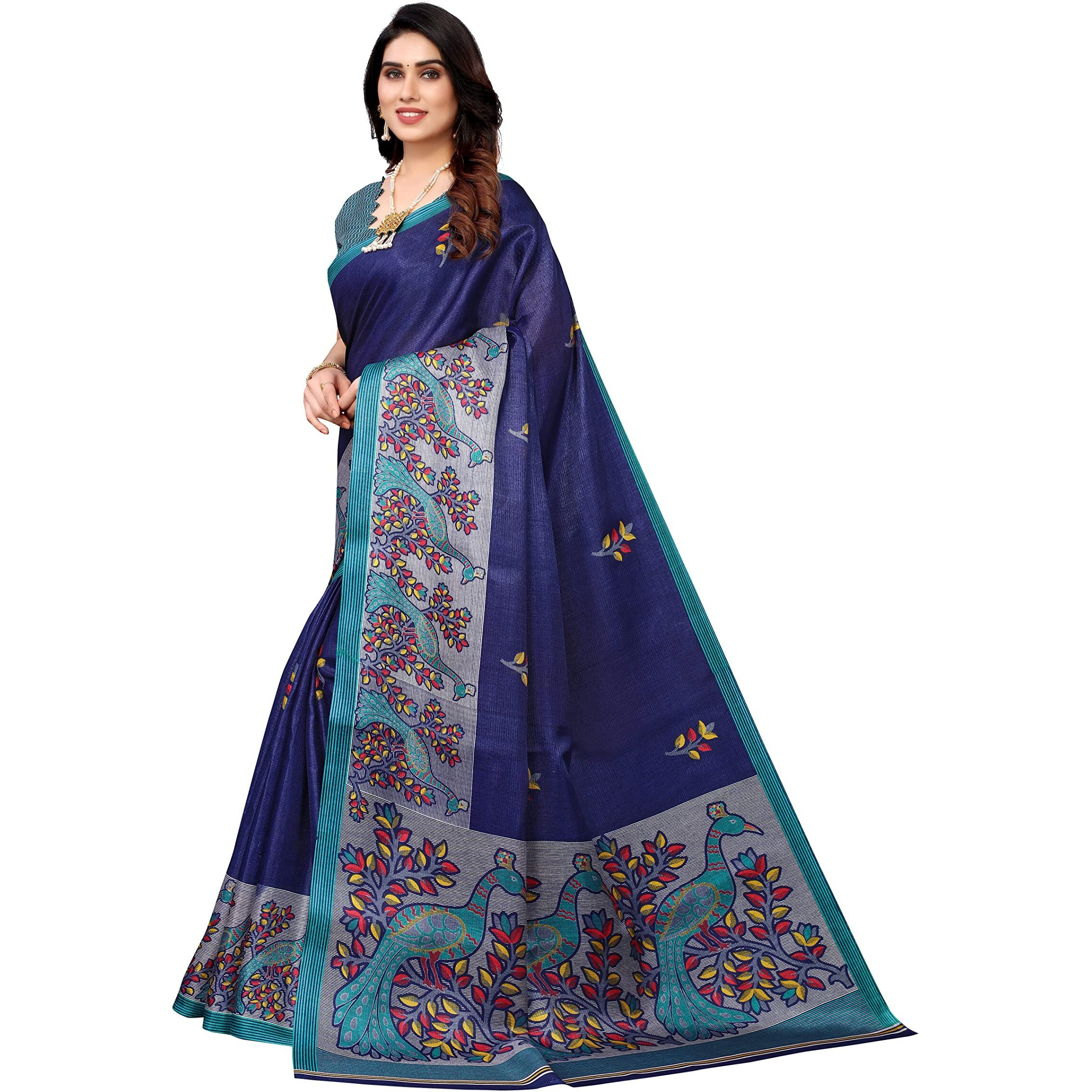 Yashika Womens Art Silk Printed Saree With Blouse Piece(UDITA NAVY_Free Size)