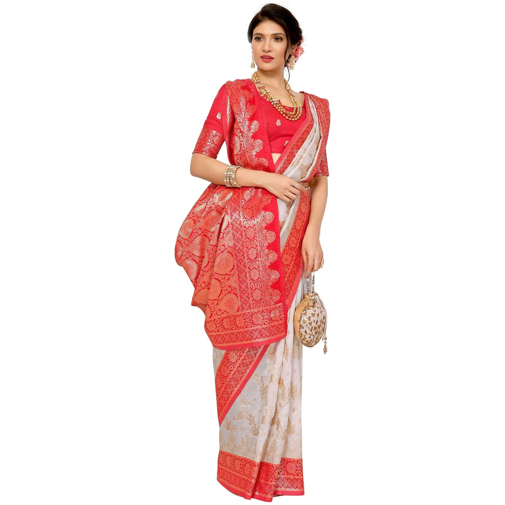 Yashika Women's Plain Floral Print Banarasi Kanjivaram Art Silk Saree Specially for Durga Puja with Unstitched Blouse Material (AZ-YS-P2-FLOWER White)
