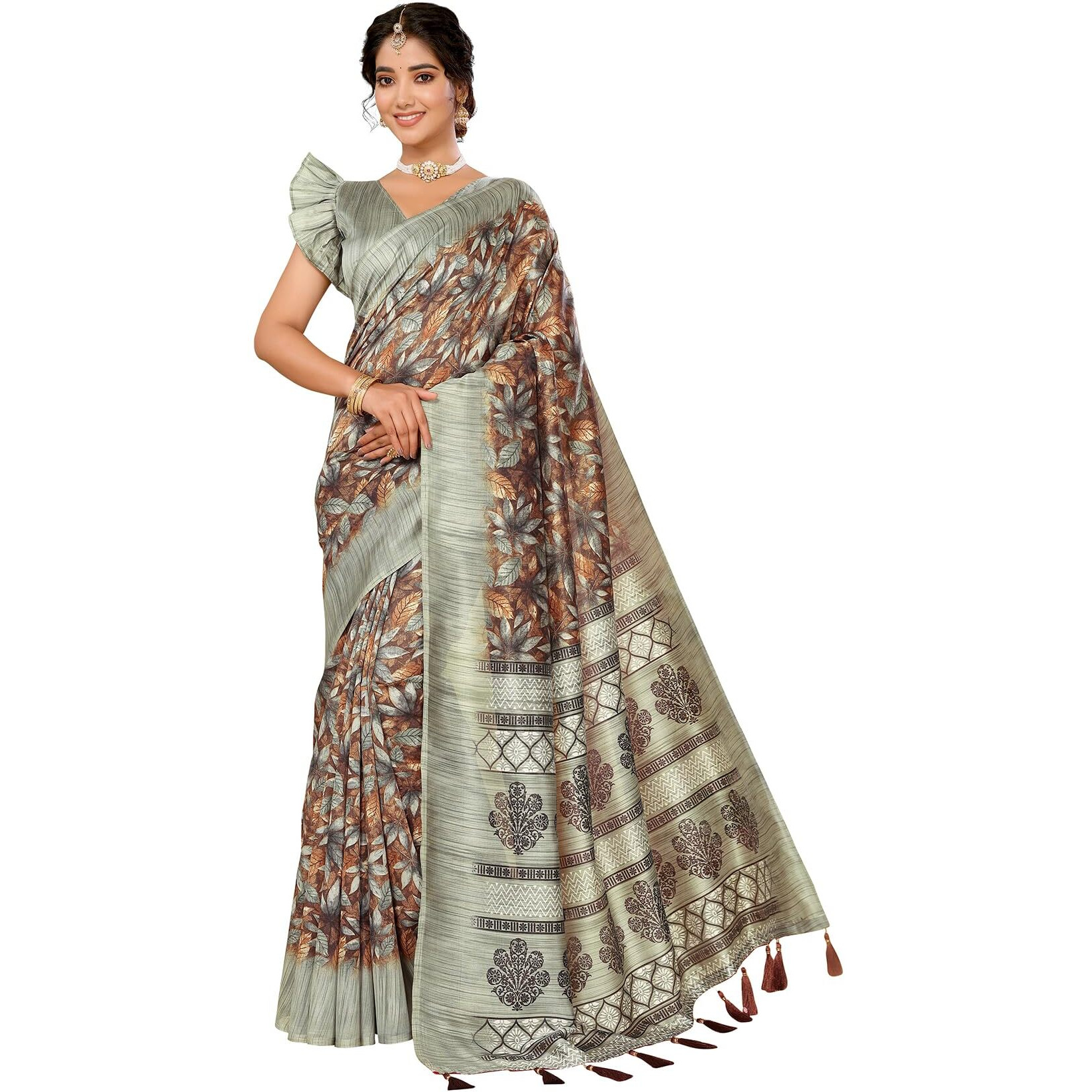Yashika Women's Art Silk Printed with Tassels Unstitched Blouse Material Stylish Party Casual Wear Traditional Trendy Saree (AZ-YS-P1-SUSHMA-Parent_Pista)