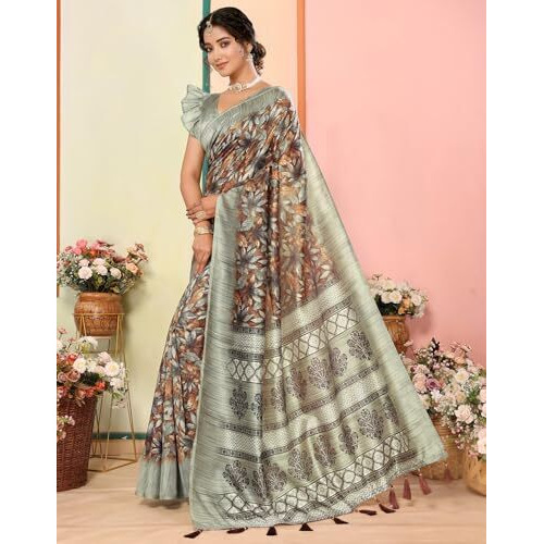 Yashika Women's Art Silk Printed with Tassels Unstitched Blouse Material Stylish Party Casual Wear Traditional Trendy Saree (AZ-YS-P1-SUSHMA-Parent_Pista)