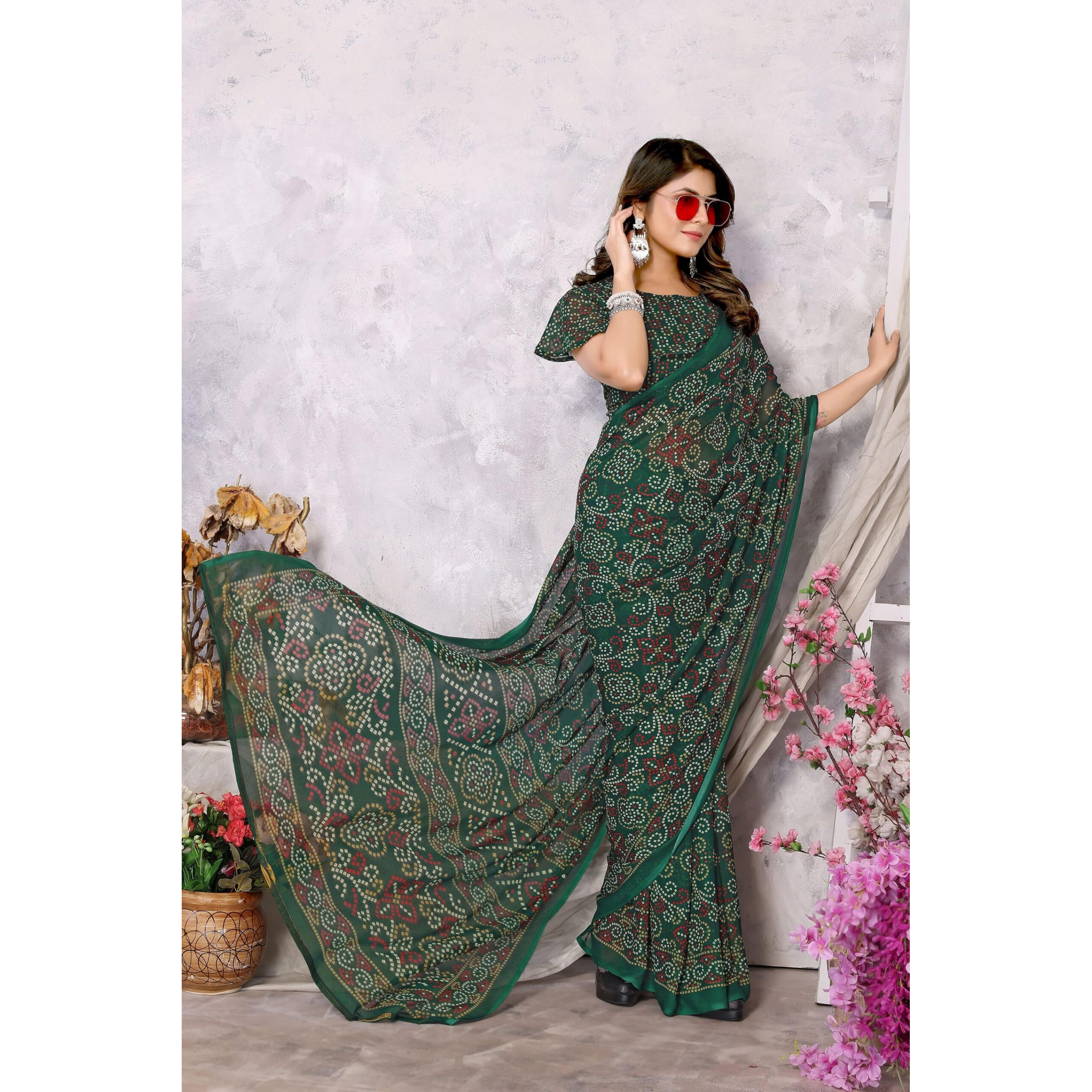 Yashika Women's Trendy Printed Georgette Green Color Saree with Blouse Material(TEJU GREEN)